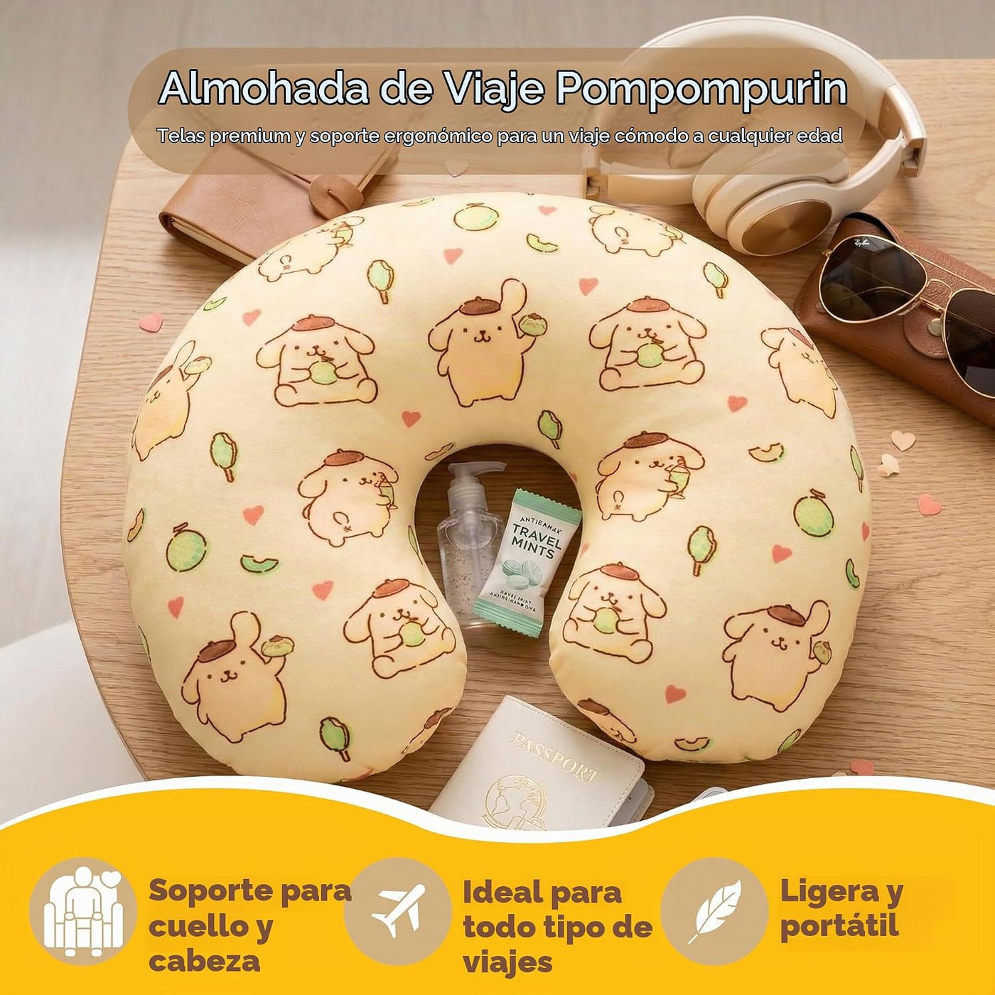 Sanrio Pompompurin - Almohada de viaje para el cuello, suave y cómo...