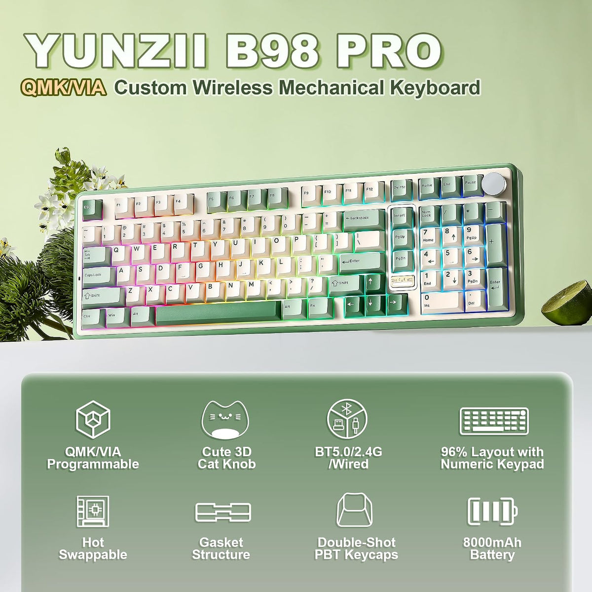 YUNZII Teclado mecánico inalámbrico B98 PRO 96% (verde mate, interr...