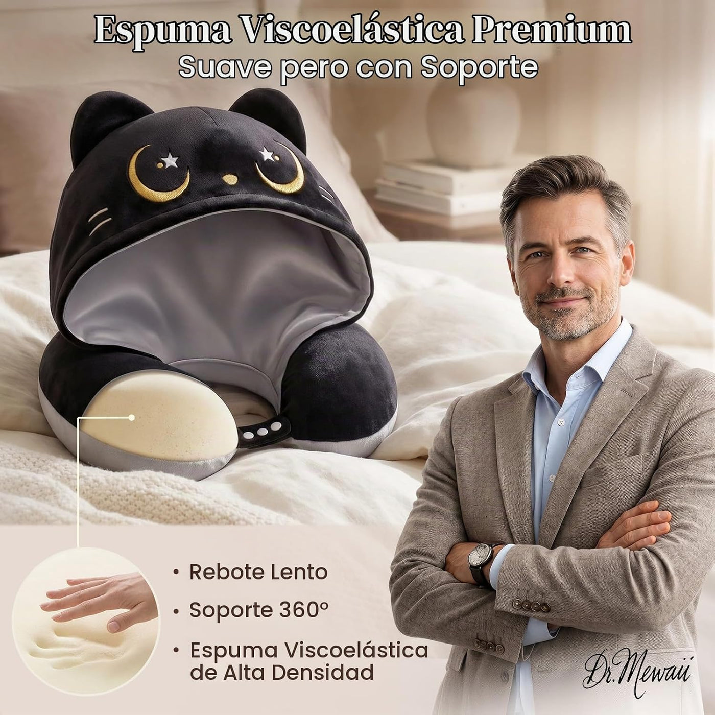 Mewaii Almohada de viaje para el cuello, almohada de avión con capu...