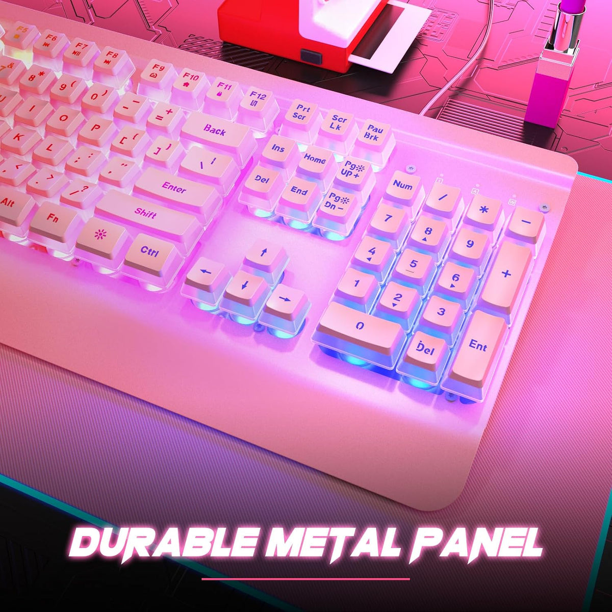 Dacoity Teclado rosa cremoso, panel totalmente metálico de 104 tecl...