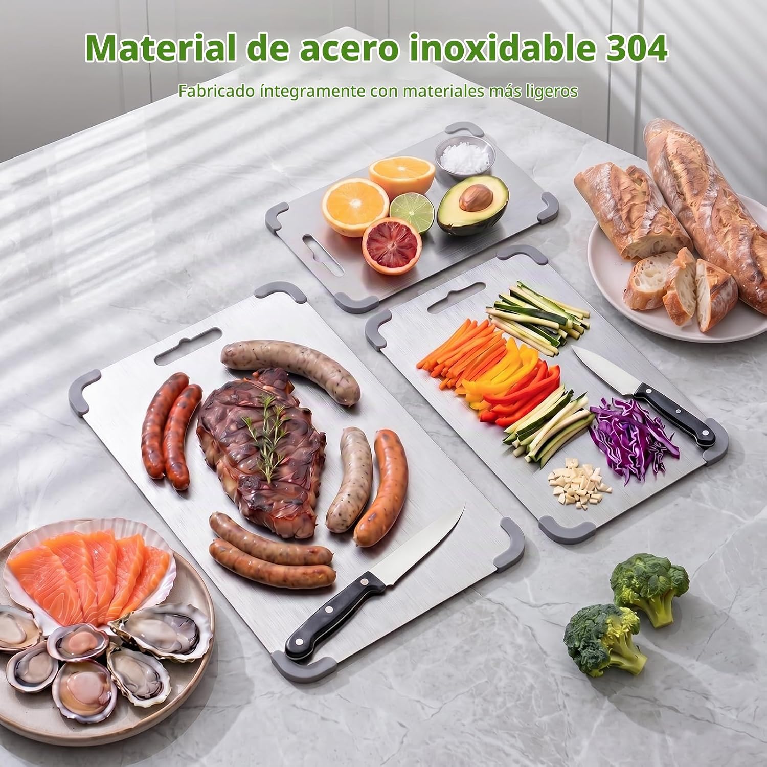 Juego de 3 tablas de cortar de acero inoxidable para cocina, juego...