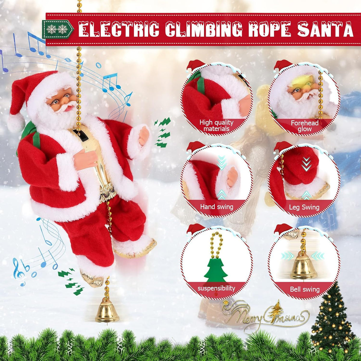 Gfilay Papá Noel trepador de 3 modos en cuerda, decoración musical...