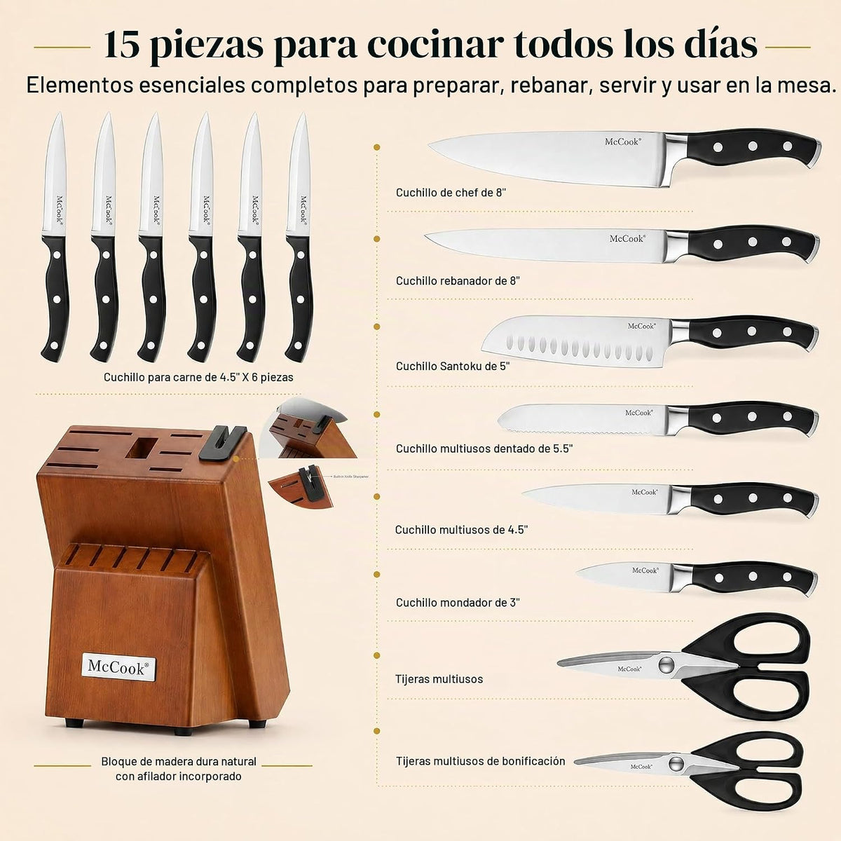 McCook® Juego de cuchillos de acero inoxidable alemán con afilador...
