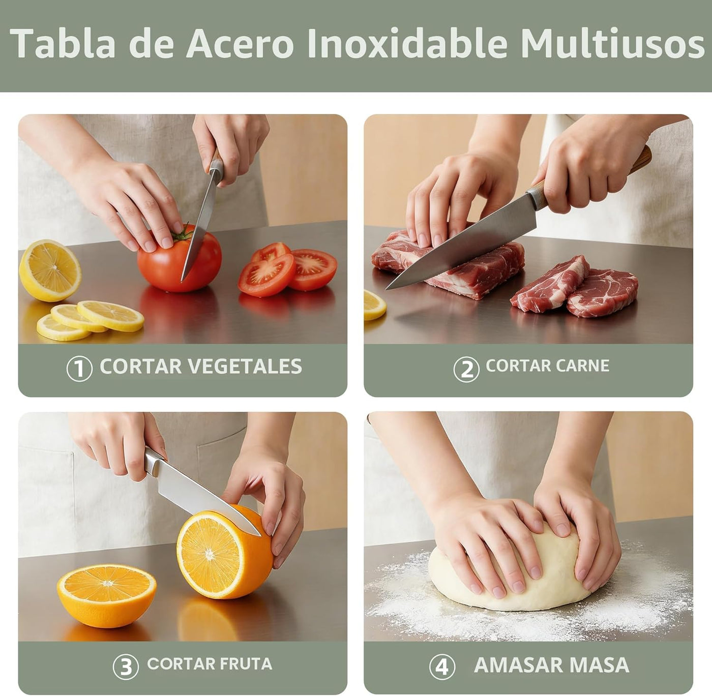 Tabla de cortar de acero inoxidable de 2 piezas con borde, tabla de...