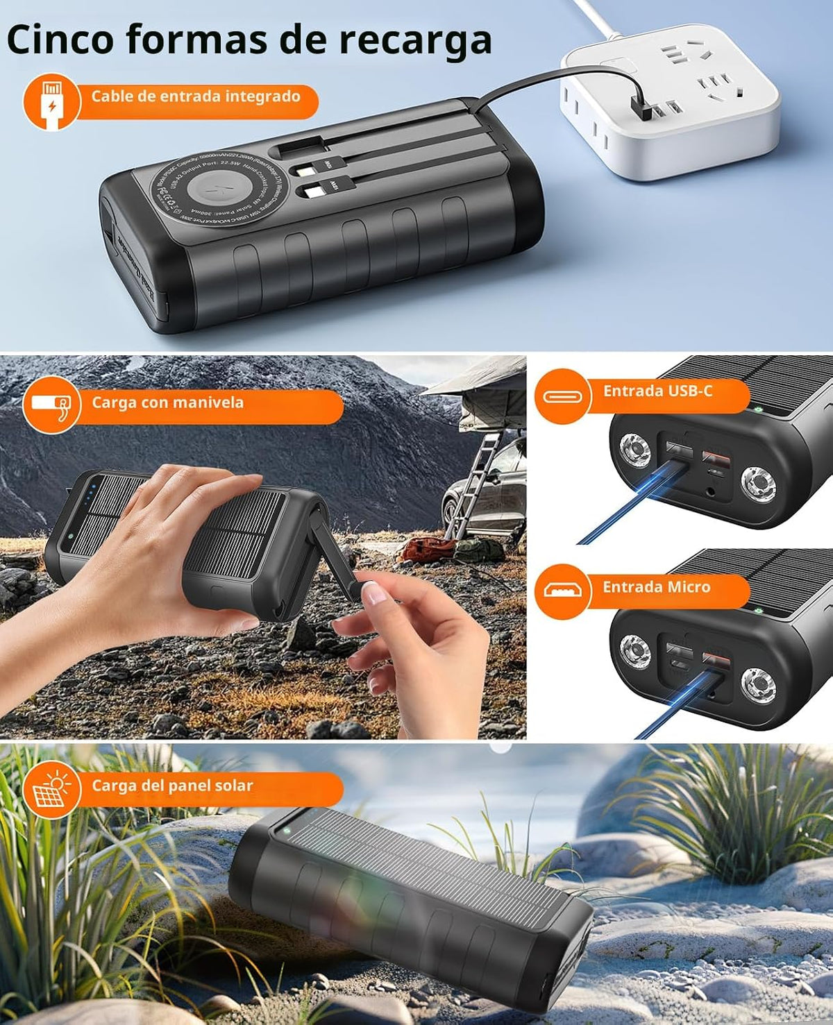 Cargador Solar Power Bank 59800mAh, 6 salidas y manivela, uso de em...
