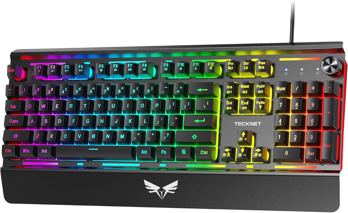 TECKNET Teclado para juegos con cable, teclado RGB de panel metálic...
