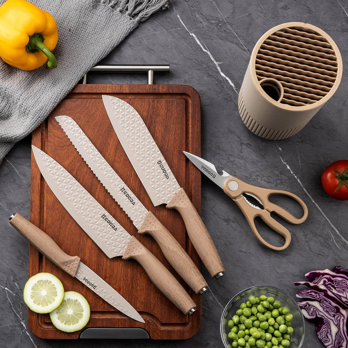 GOODA - Juego de cuchillos de cocina con bloque, juego de 6 piezas...