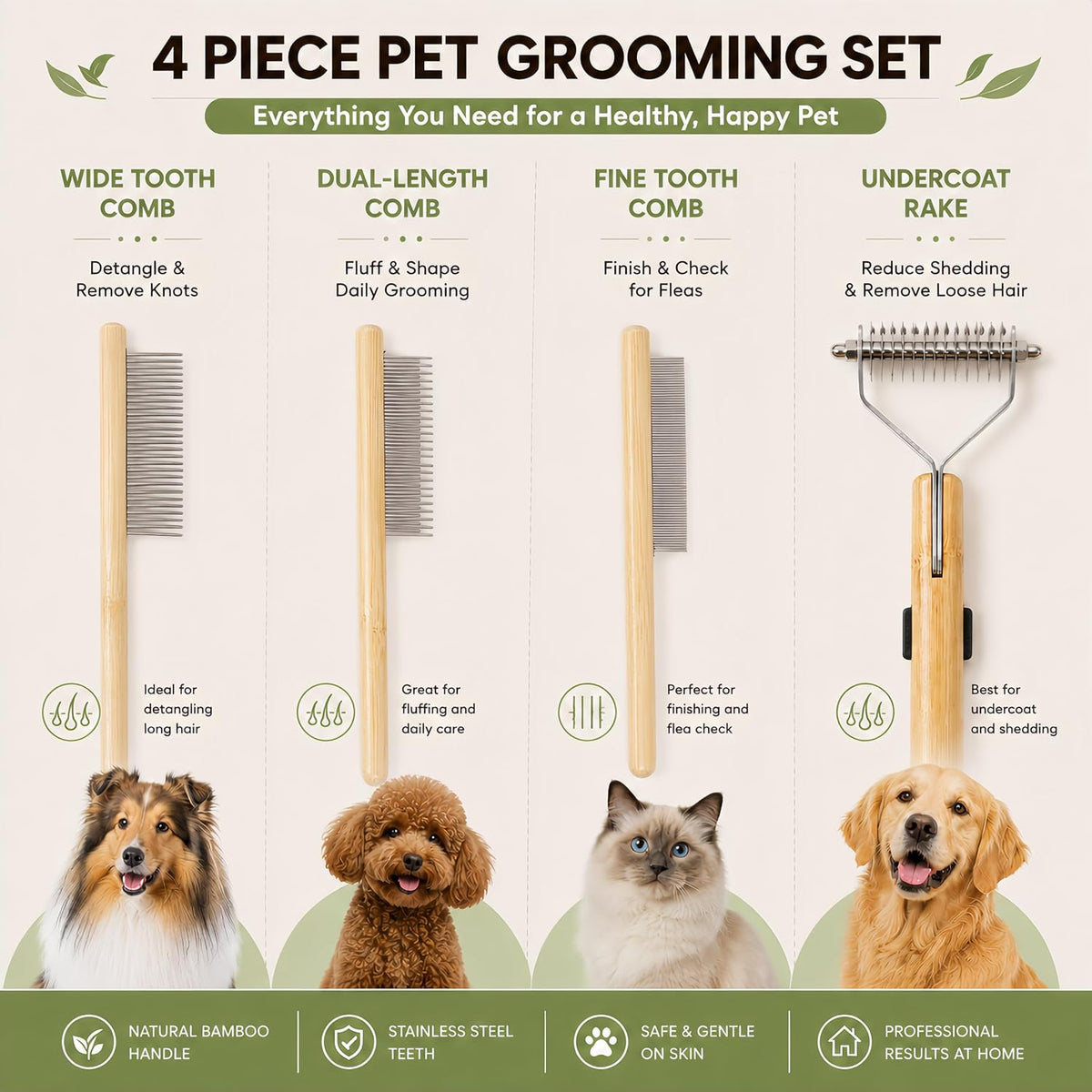 Juyoolumin Kit de aseo de mascotas de bambú para perros y gatos de...