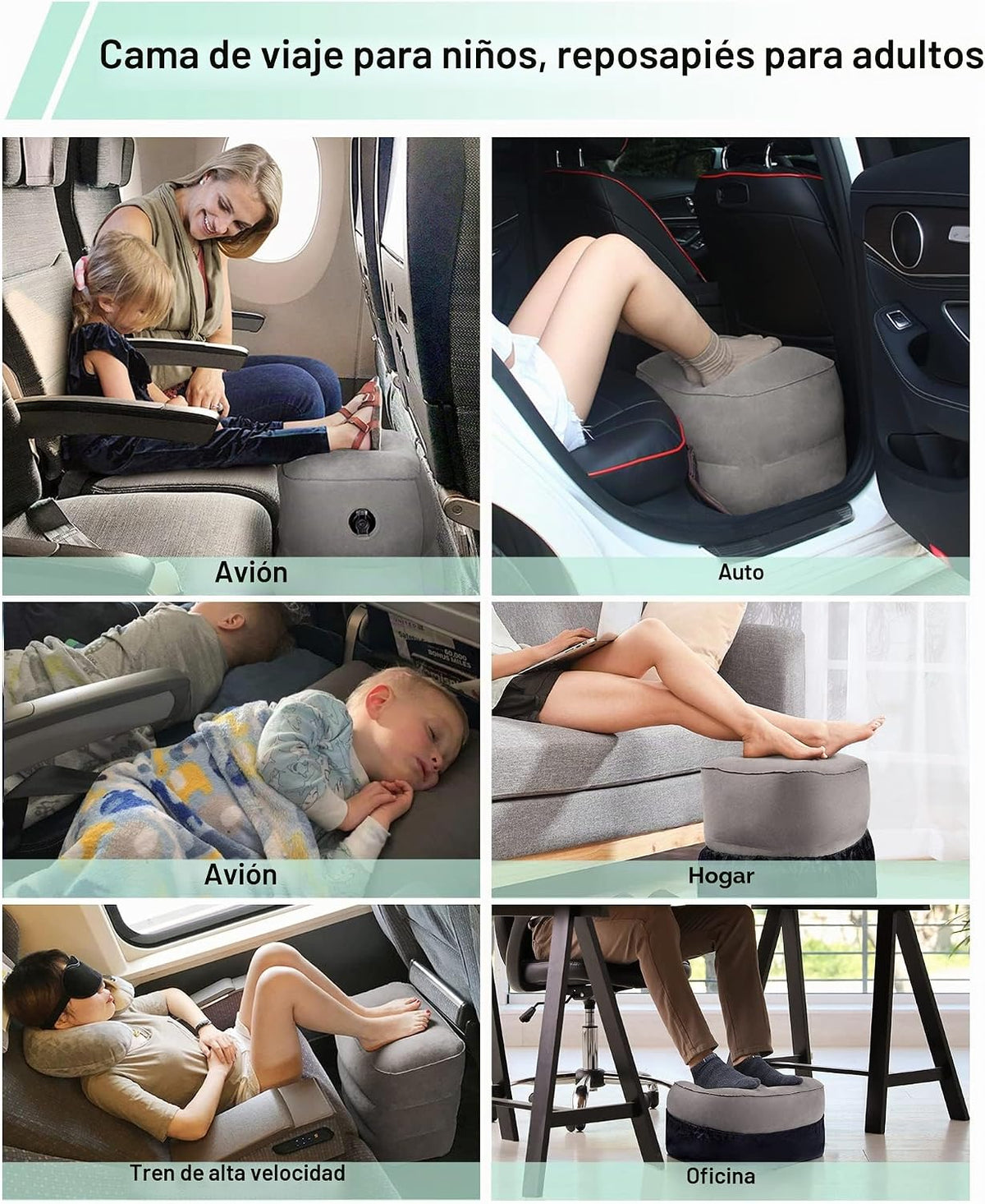 JefDiee Almohada inflable para reposapiés, cama de avión para niños...
