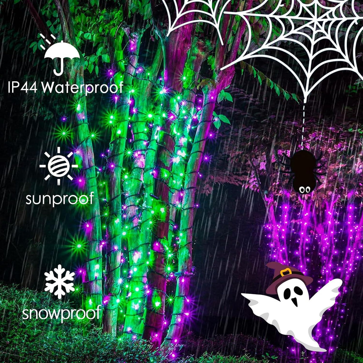 Luces de Halloween moradas y verdes, 95 pies, 240 LED, 13 modos de...