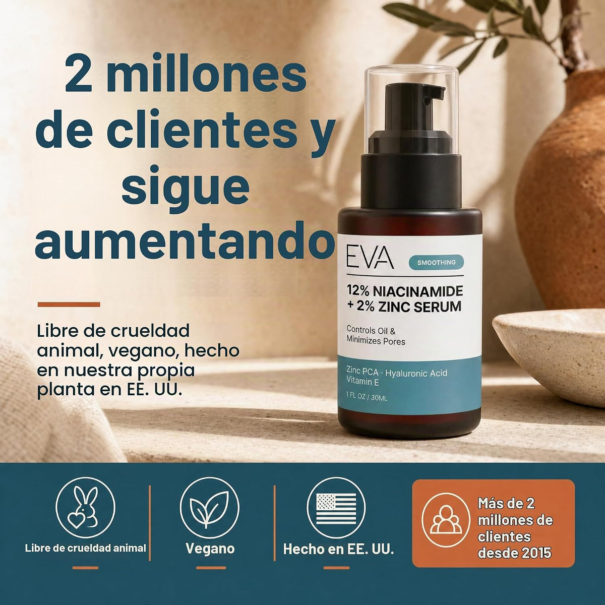 Eva Naturals Niacinamida 12% + Suero de zinc con ácido hialurónico,...