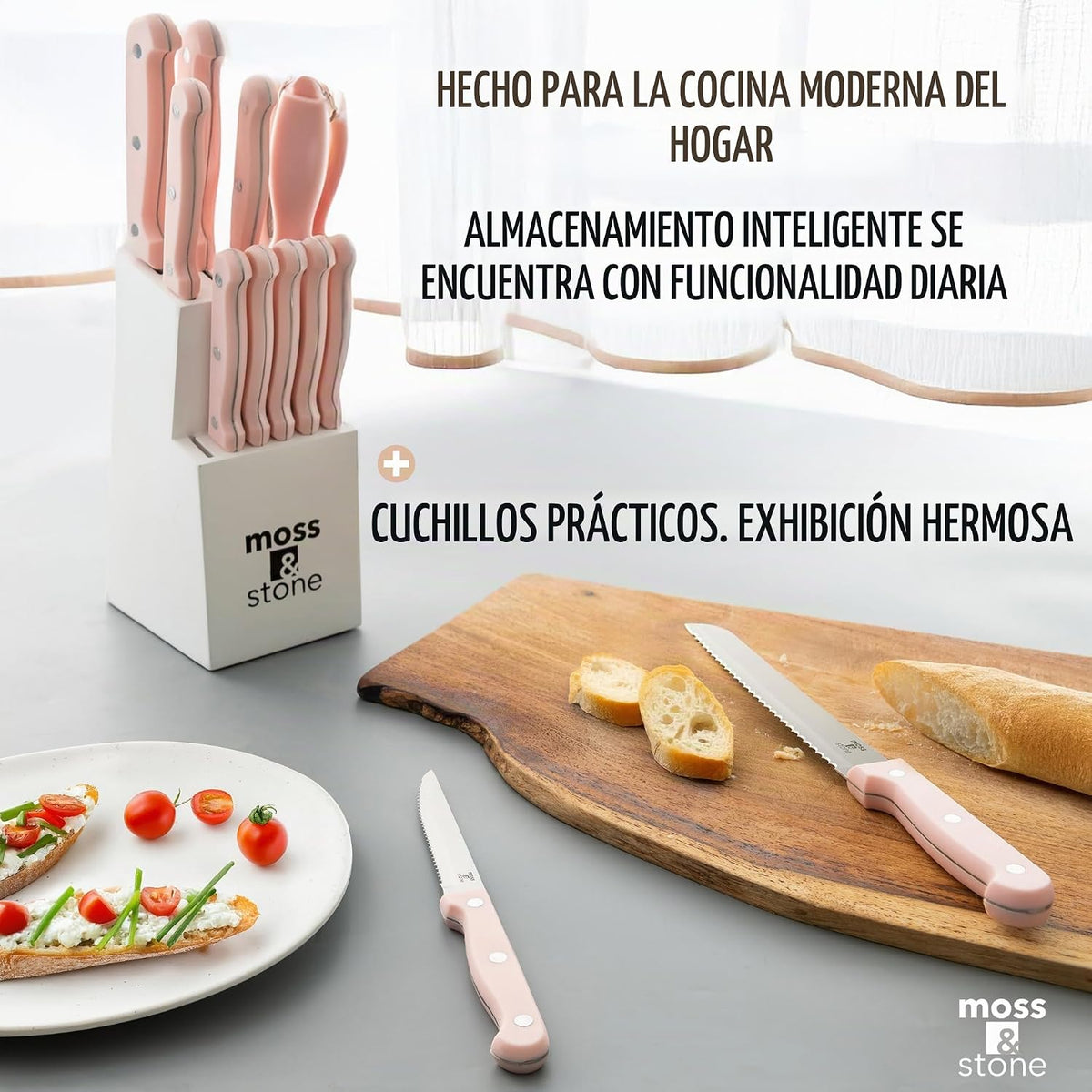 Moss &amp; Stone Pink - Juego de cuchillos de cocina de 14 piezas c...