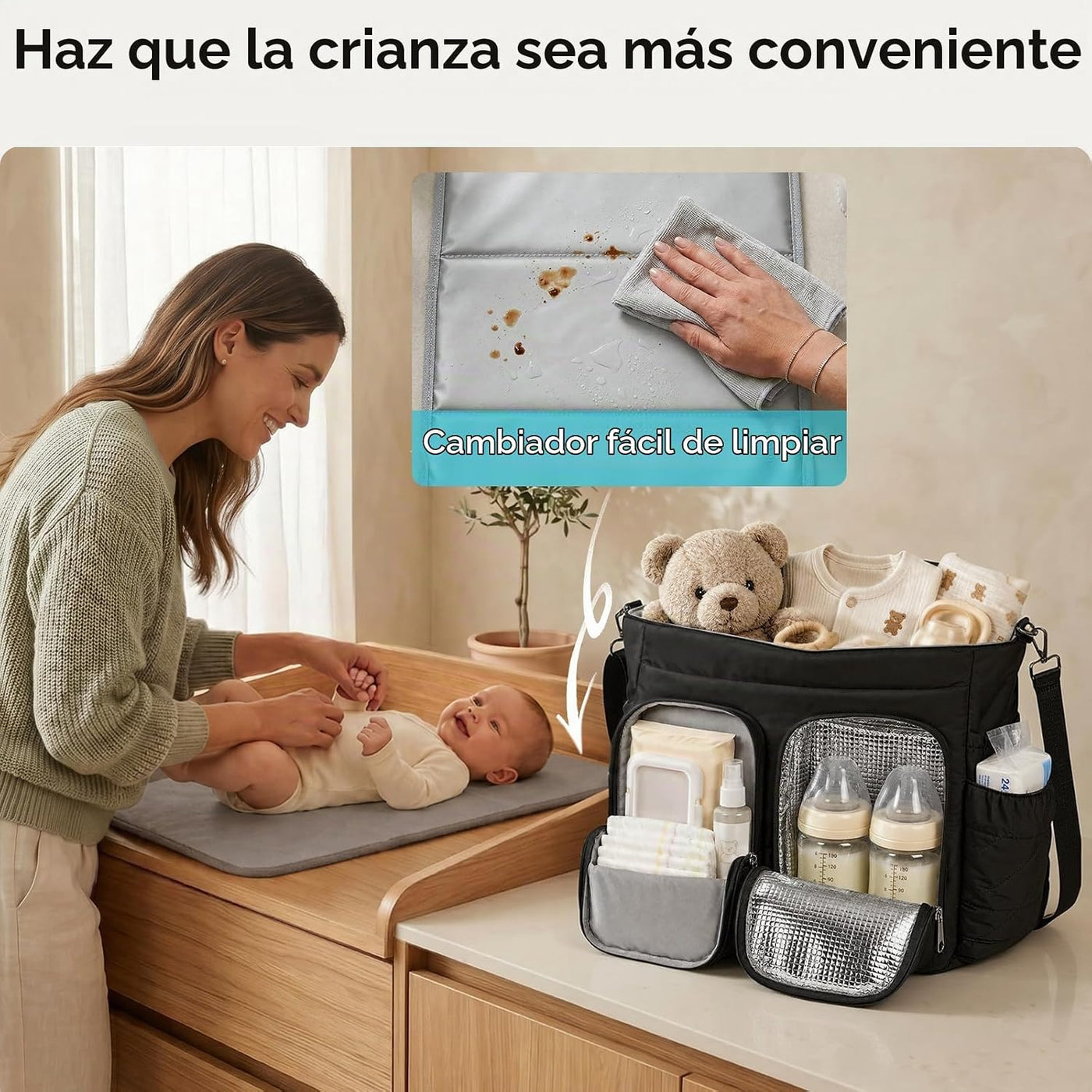 TOPEAST Bolsa de pañales, bolsa acolchada para bebé con bolsillos a...