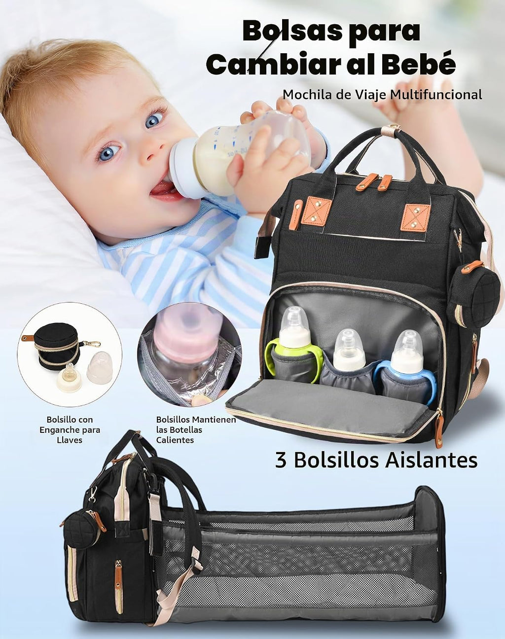 Lamroro Bolsa de pañales con estación de cambio, mochila impermeabl...