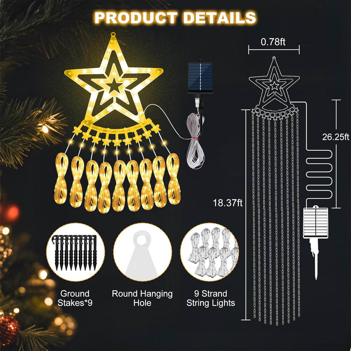 AMIPEPE Luces solares para árbol de Navidad, 18.37 pies, 532 LED |...