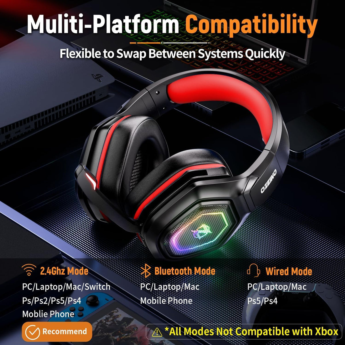 Ozeino Auriculares inalámbricos para juegos de 2.4 GHz con micrófon...