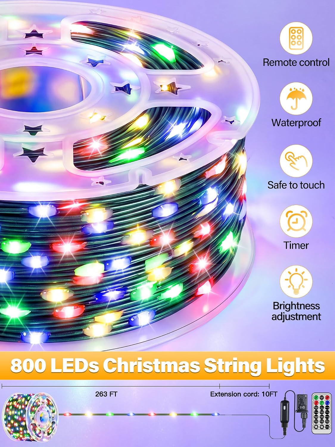 800 luces LED de Navidad de 263 pies IP67 impermeables, multicolor...