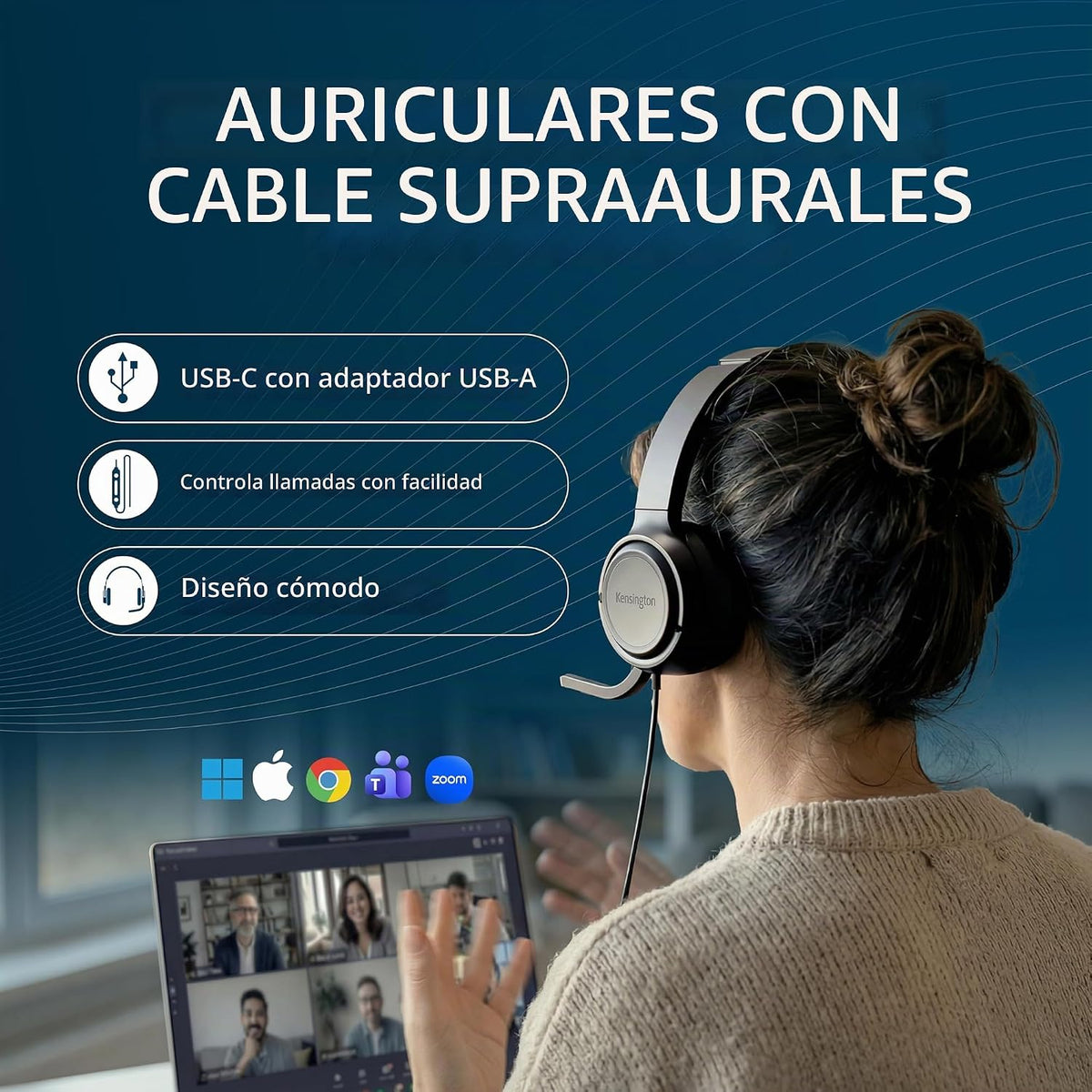 Kensington Auriculares intraurales H950 EQ USB-C\/USB-A con micrófo...