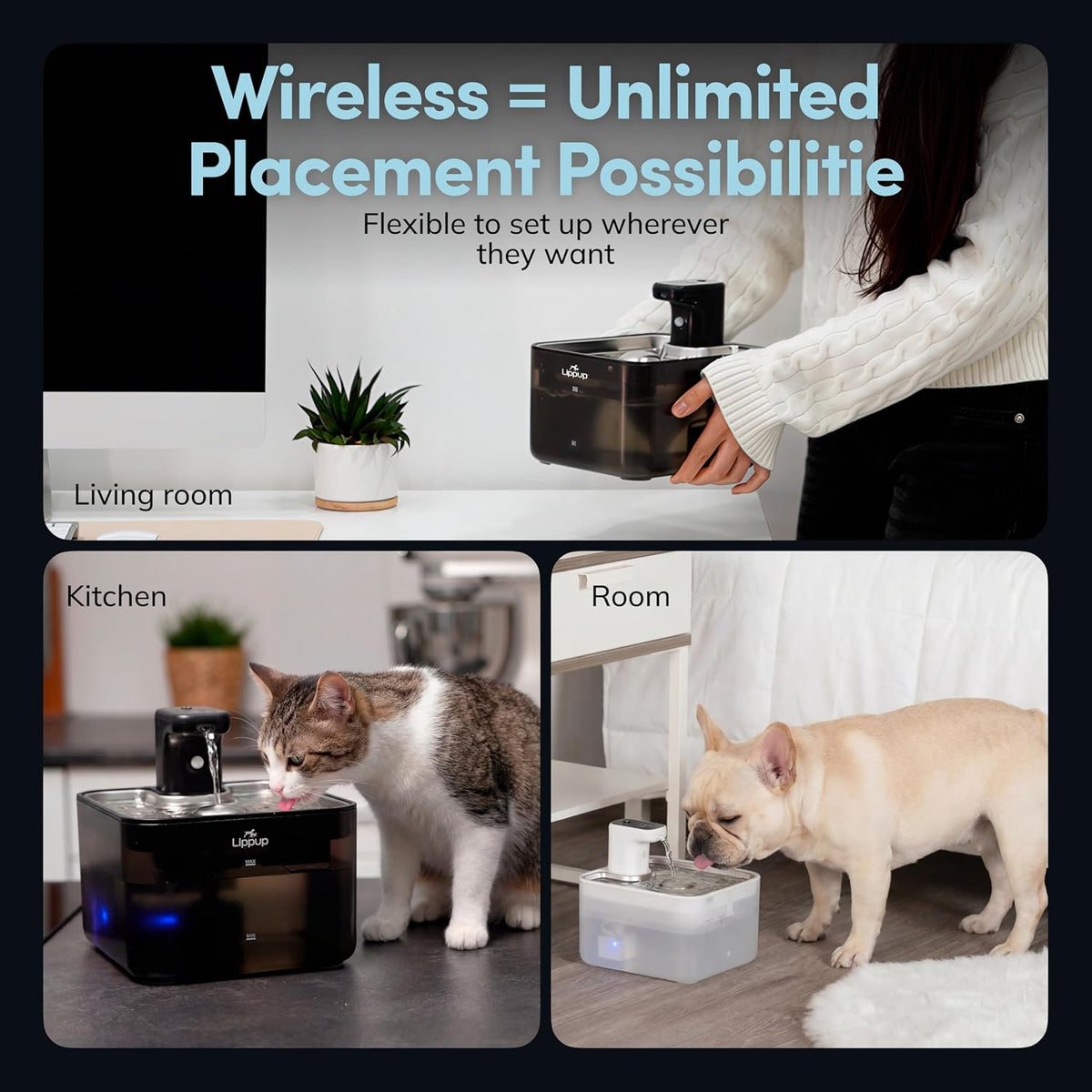 LIPPUP Fuente de agua inalámbrica para gatos de 88 oz\/2.6 L, fuent...