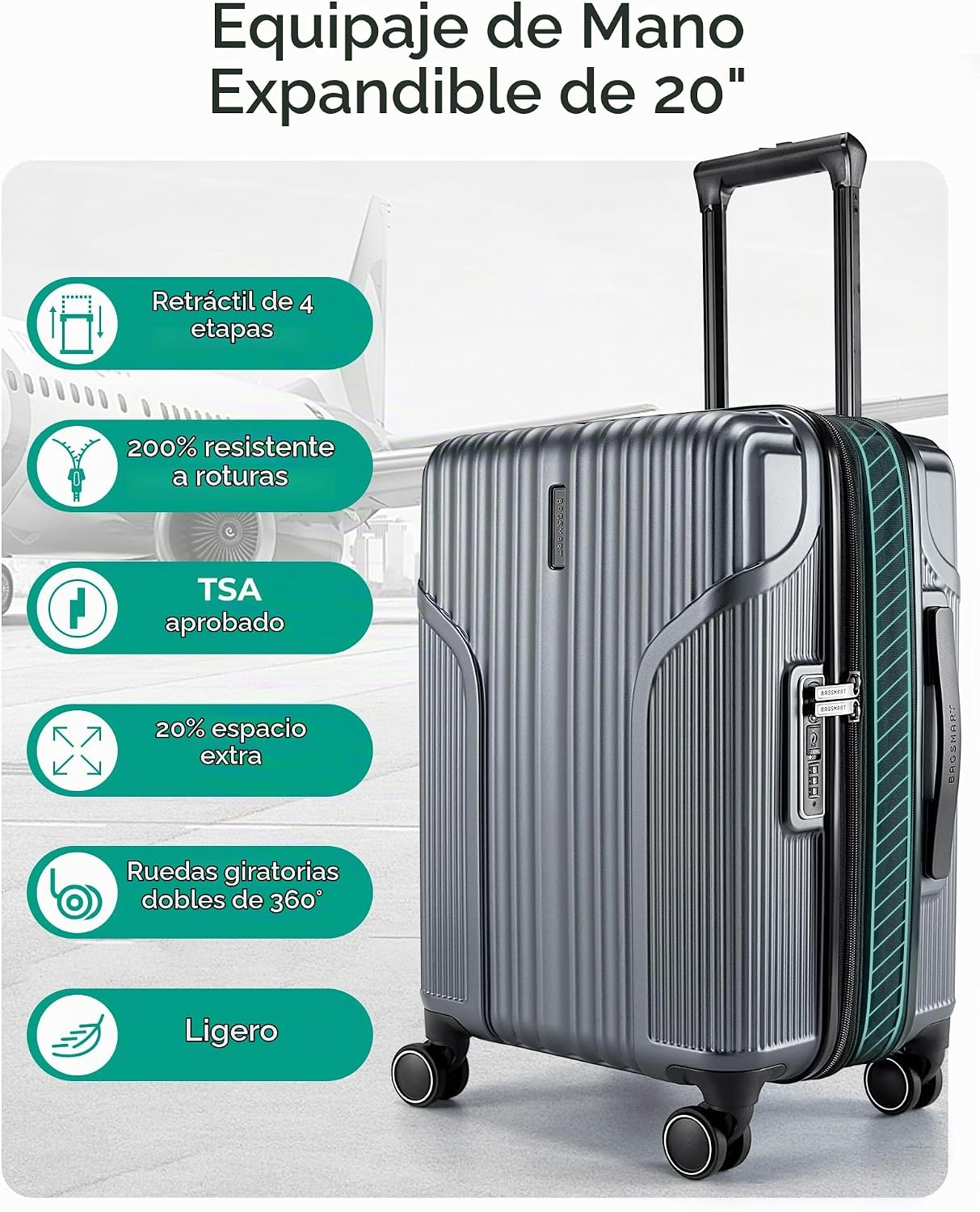 BAGSMART - Maleta de mano expandible de 22 x 14 x 9 aprobada por ae...
