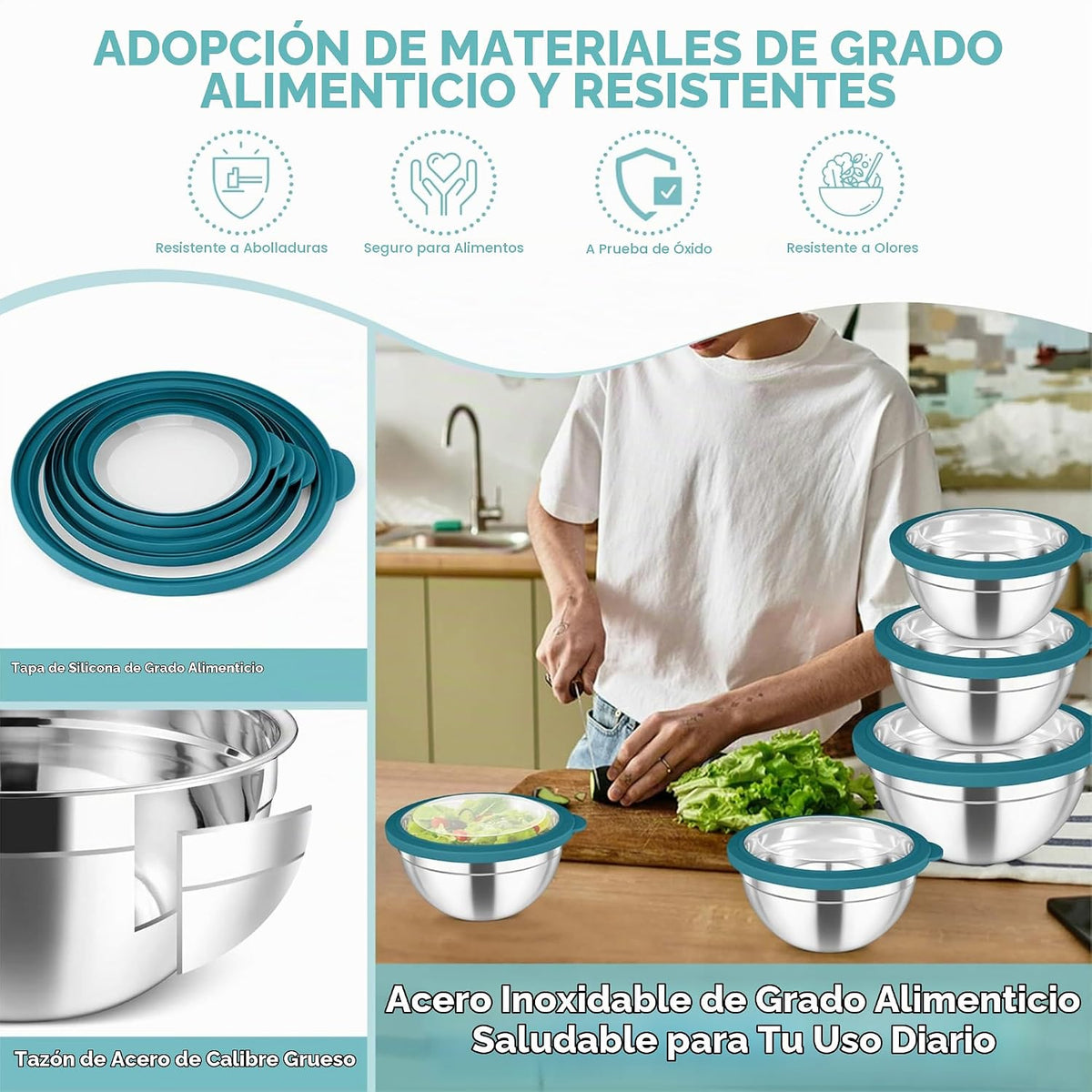 TeamFar - Juego de 5 tazones para mezclar con tapas, de acero inoxi...