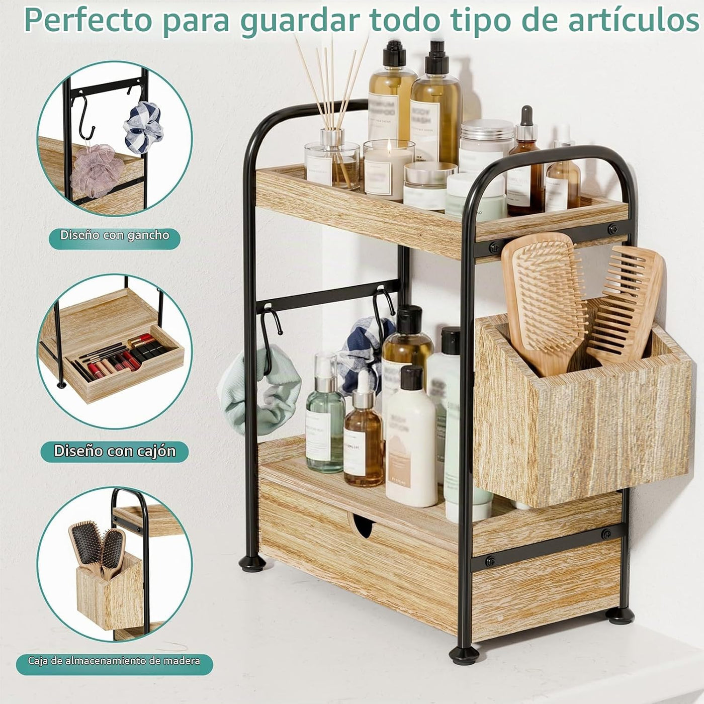 Kottwca Organizador de mostrador de baño de 2 niveles con cajón, es...