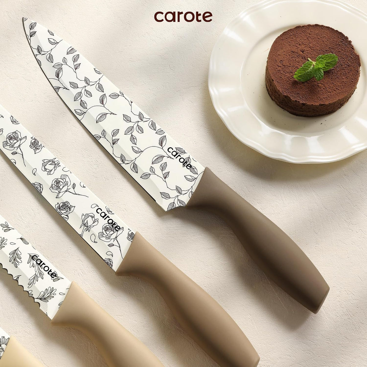 CAROTE Juego de cuchillos de cocina, 6 cuchillos florales con 6 pro...