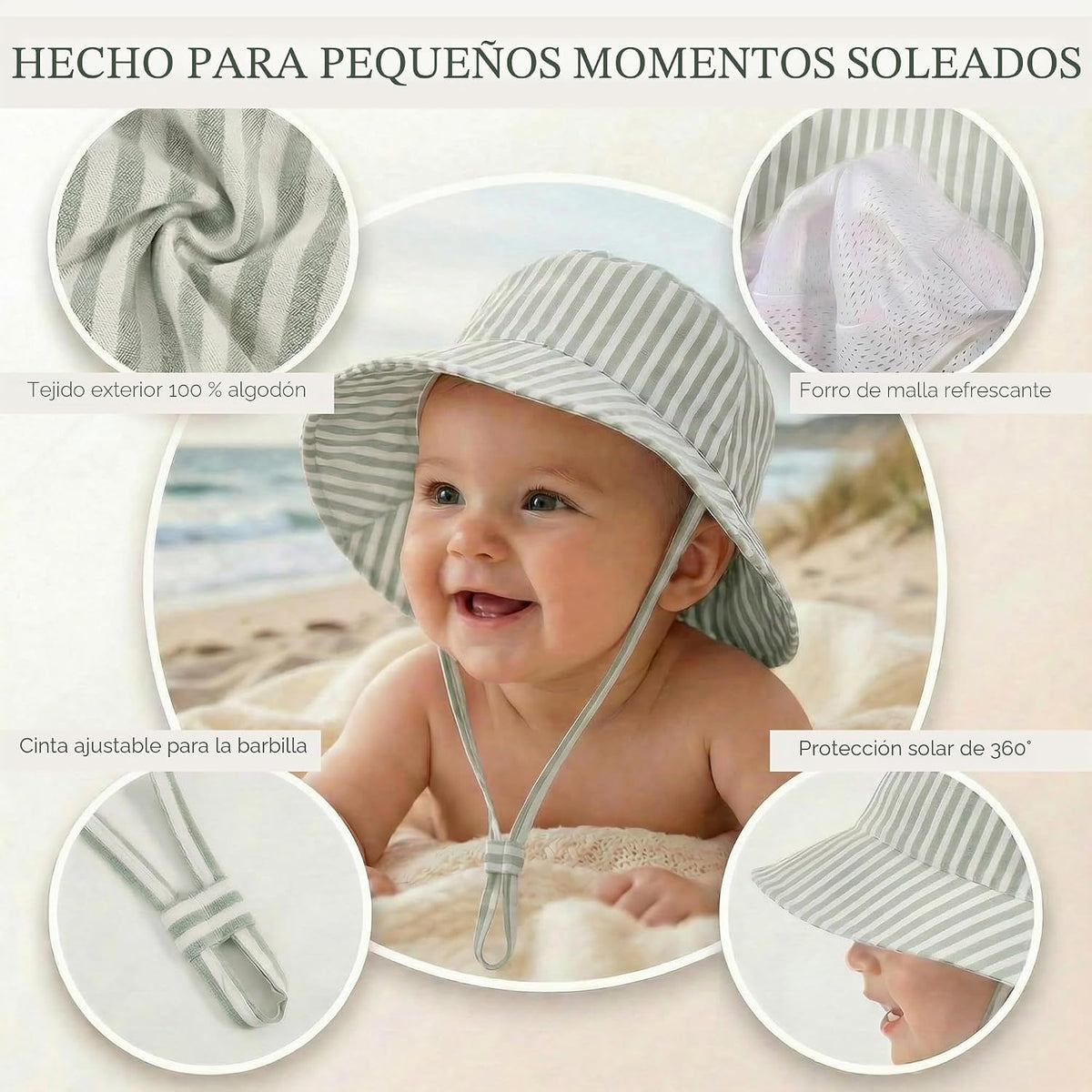 Hermoso sombrero de sol para bebé de 0 a 6 meses, ajustable con pro...