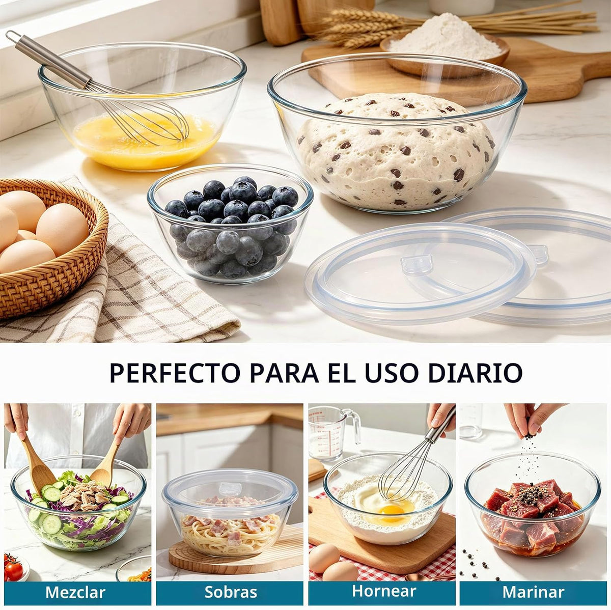 E-far Juego de 3 cuencos de vidrio transparente para mezclar con ta...