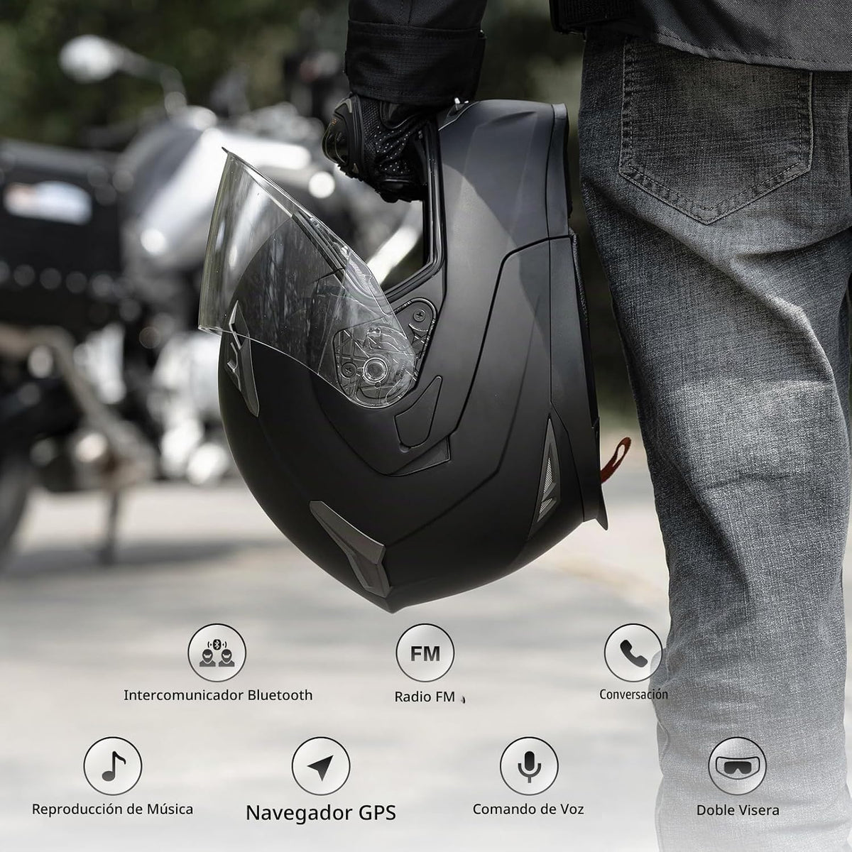 FreedConn BM2-S Casco de motocicleta Bluetooth, casco de moto modul...