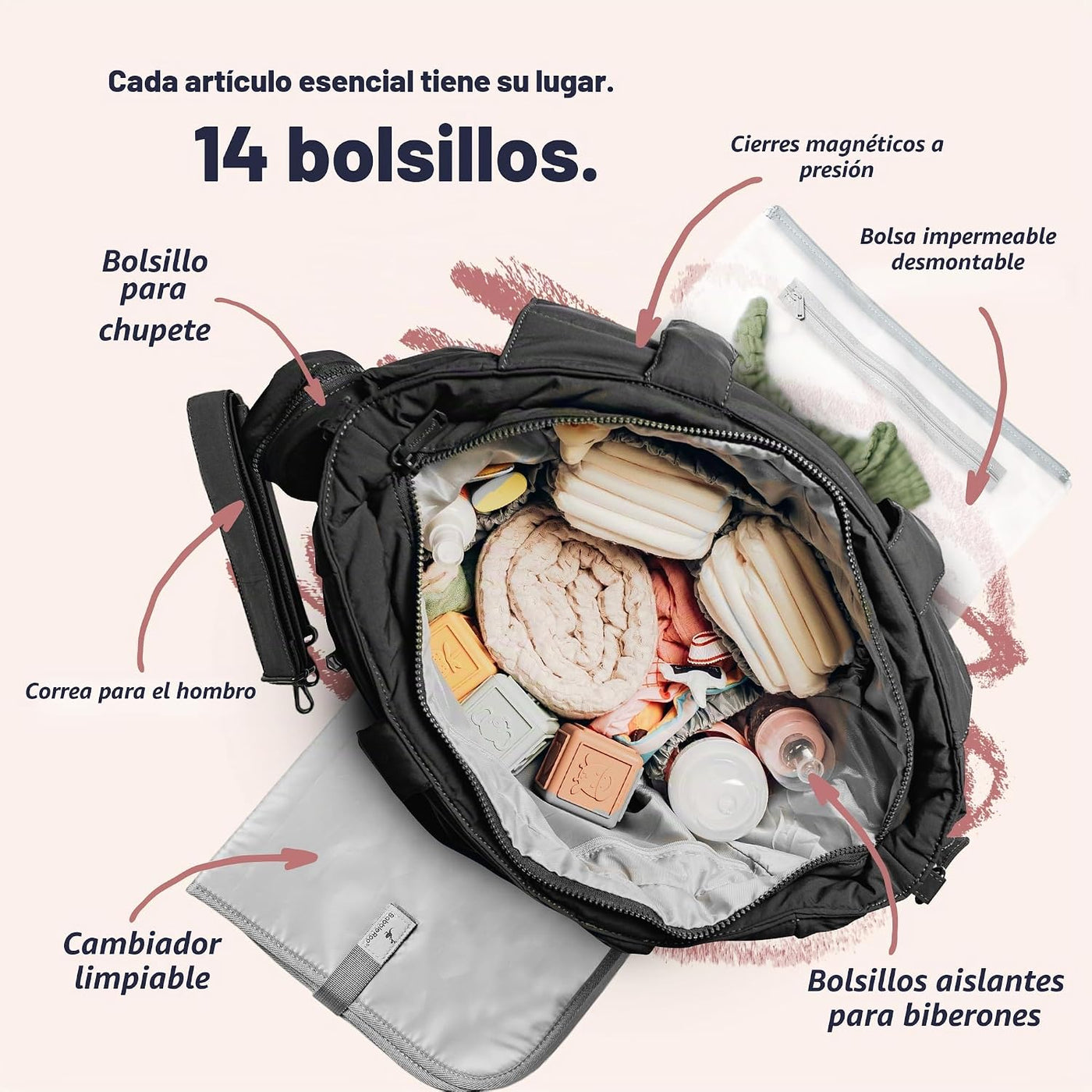 BabbleRoo Flo Tote - Bolsa de pañales, 14 bolsillos para recién nac...