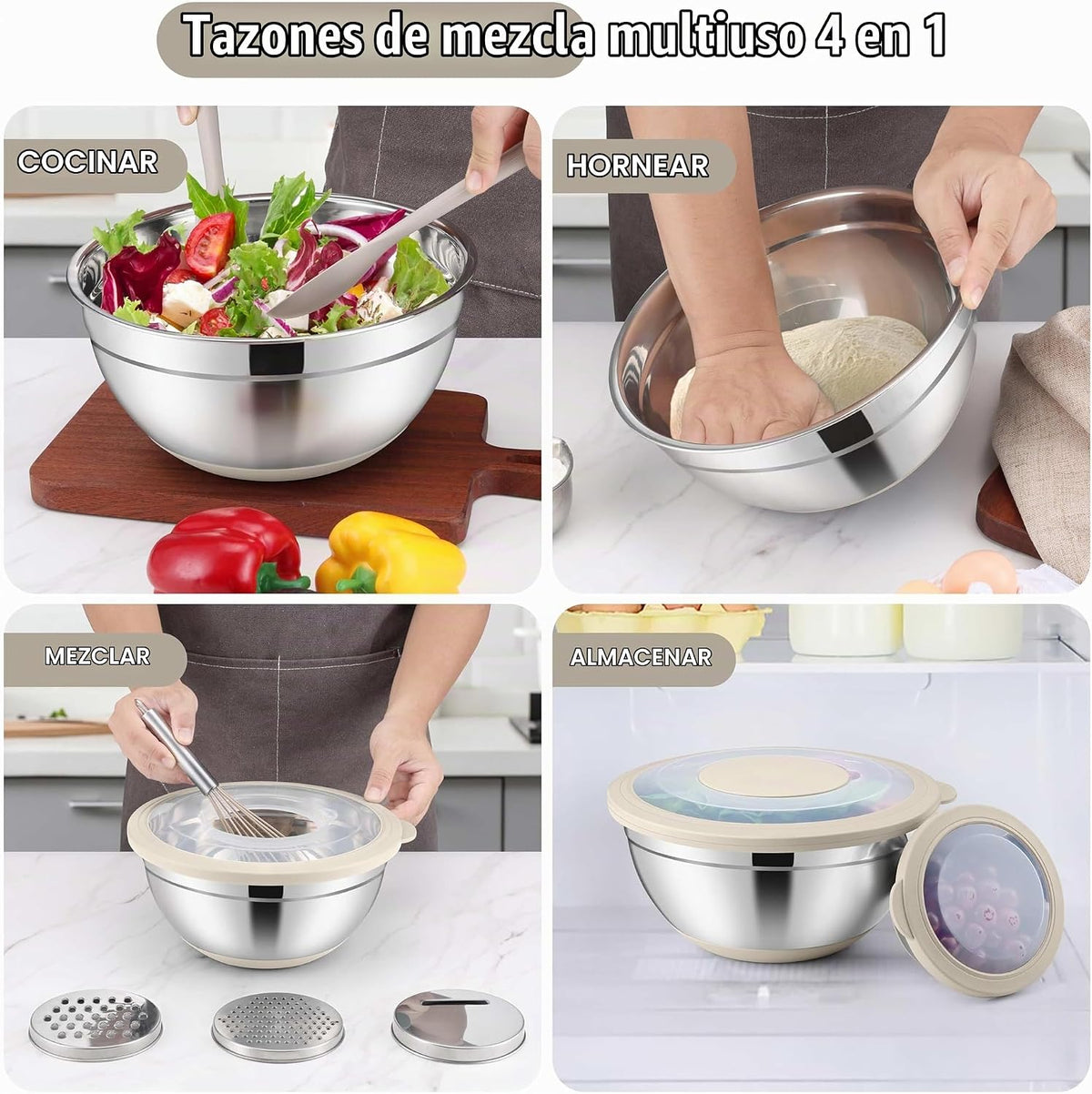 E-far - Juego de tazones para mezclar con tapas, 15 piezas de acero...
