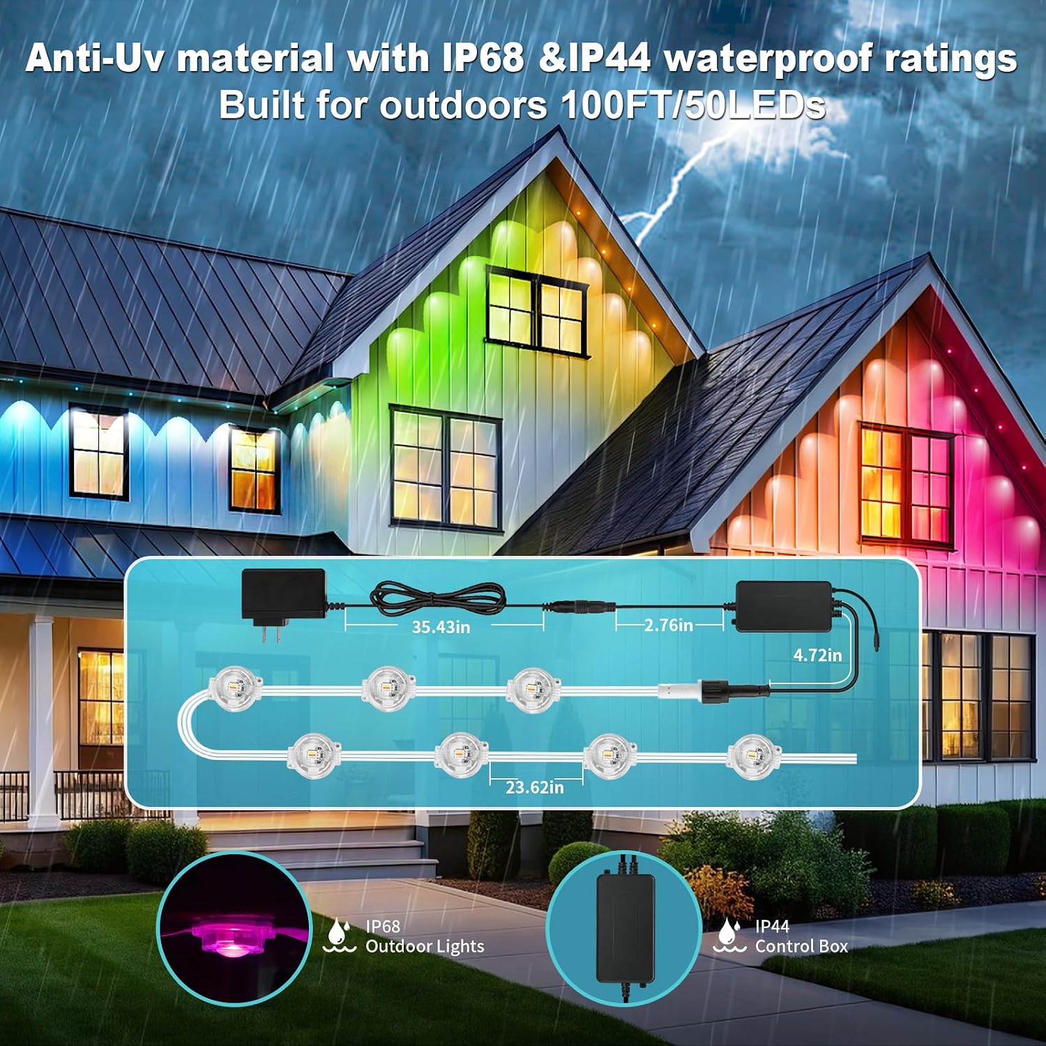 MILADALED Luces exteriores permanentes RGB Smart IC 100FT\/50LEDs D...