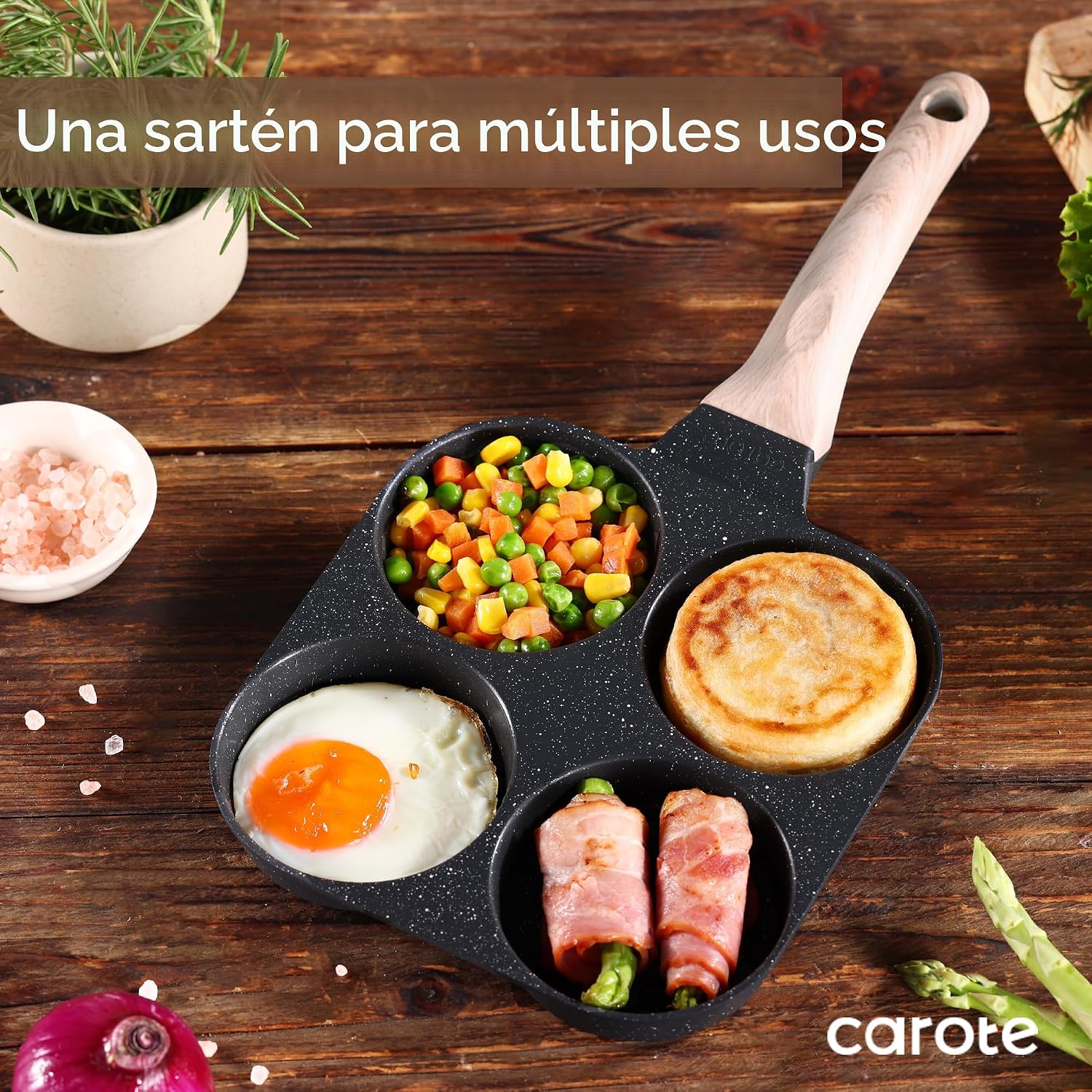 CAROTE Sartén para huevos de granito antiadherente para 4 tazas, ne...