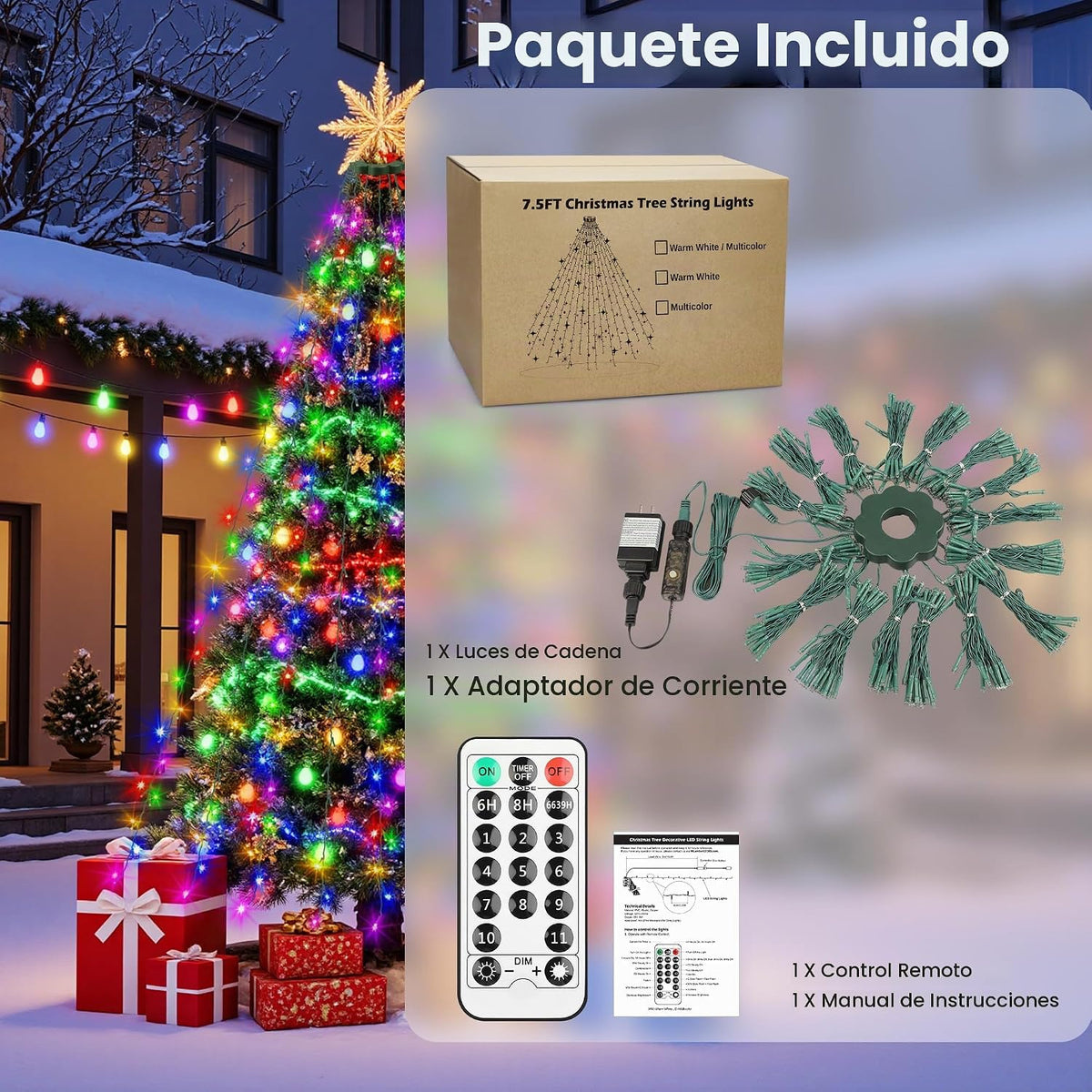 Mlambert Luces de árbol de Navidad, 7.5 pies, 16 líneas, tira de lu...