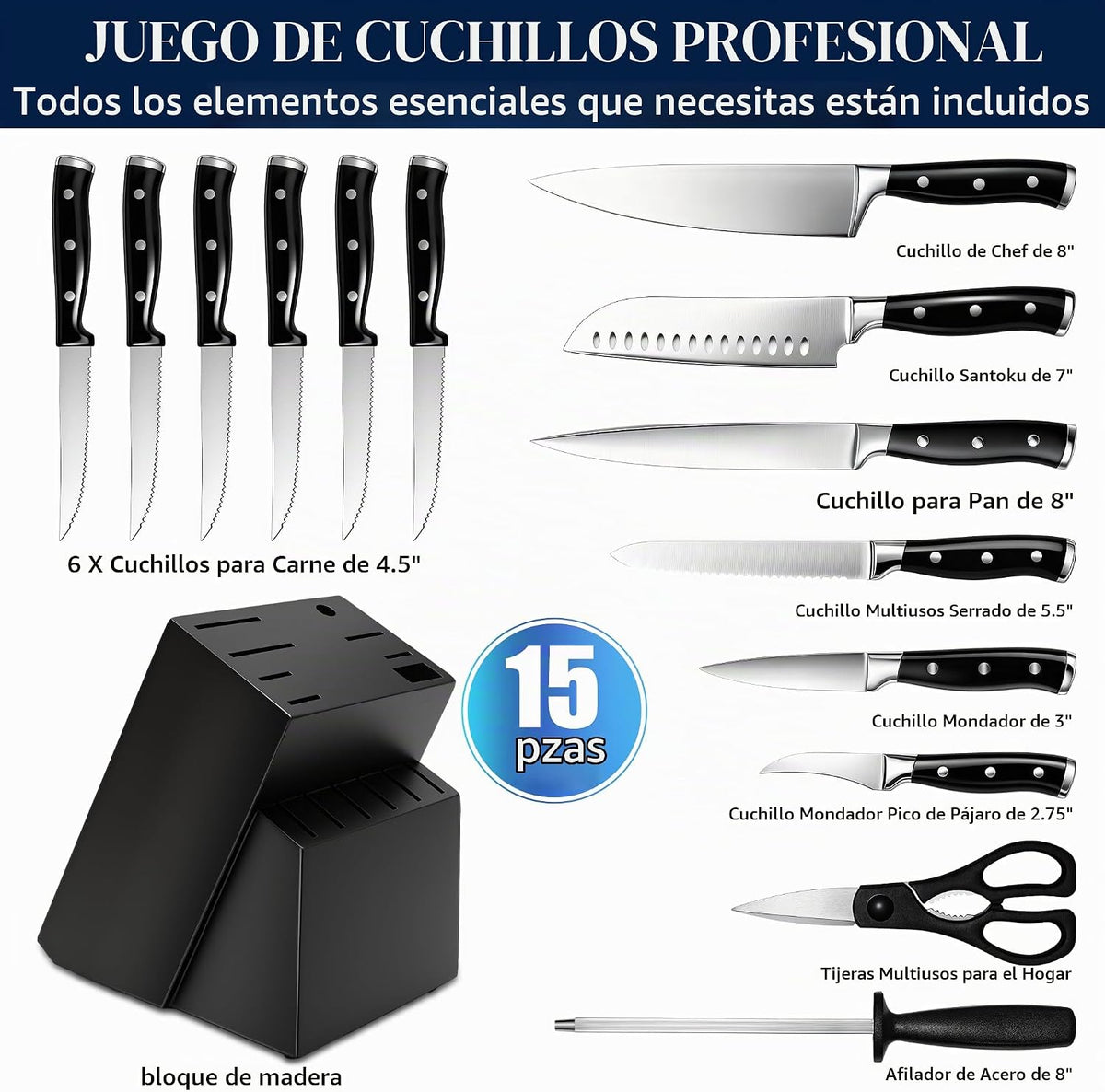 Juego de cuchillos, juego de 15 piezas de cuchillos de cocina premi...