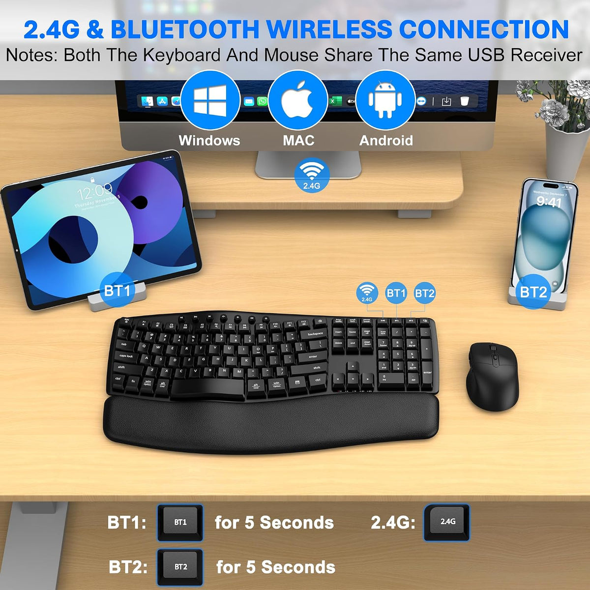 Combinación de teclado y mouse inalámbricos, modo dual Bluetooth\/2...