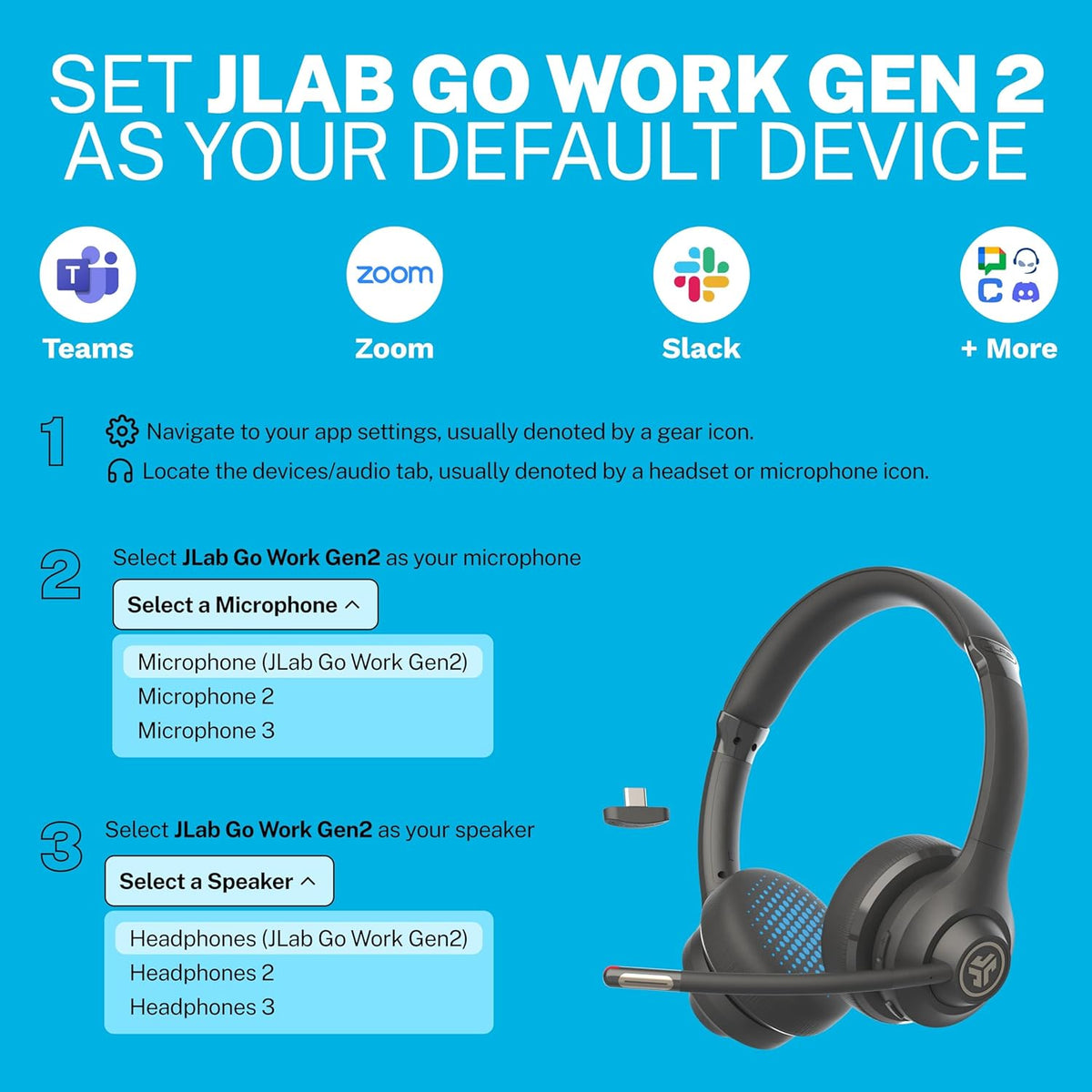 JLab, Go Work Gen 2, auriculares inalámbricos, Bluetooth, dongle US...