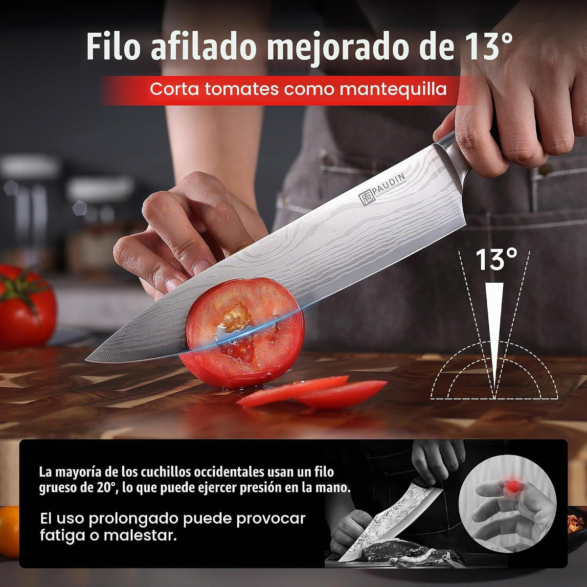 PAUDIN Cuchillo de chef, cuchillo de cocina afilado de acero inoxid...