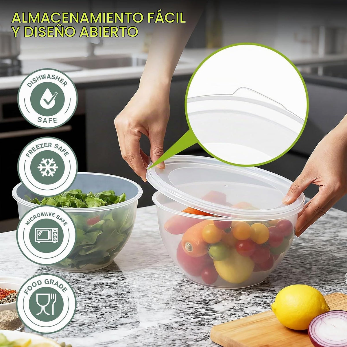 Greentainer Juego de 5 tazones de plástico con tapas para cocina, j...