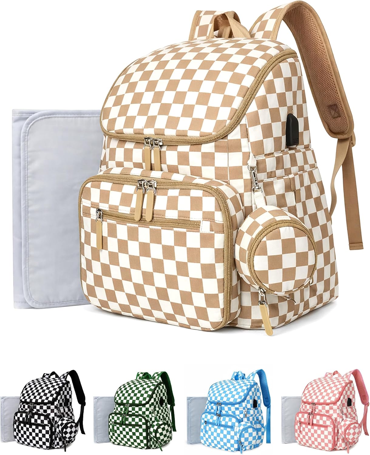 FHELAD Mochila de pañales a cuadros con cambiador y clips para coch...