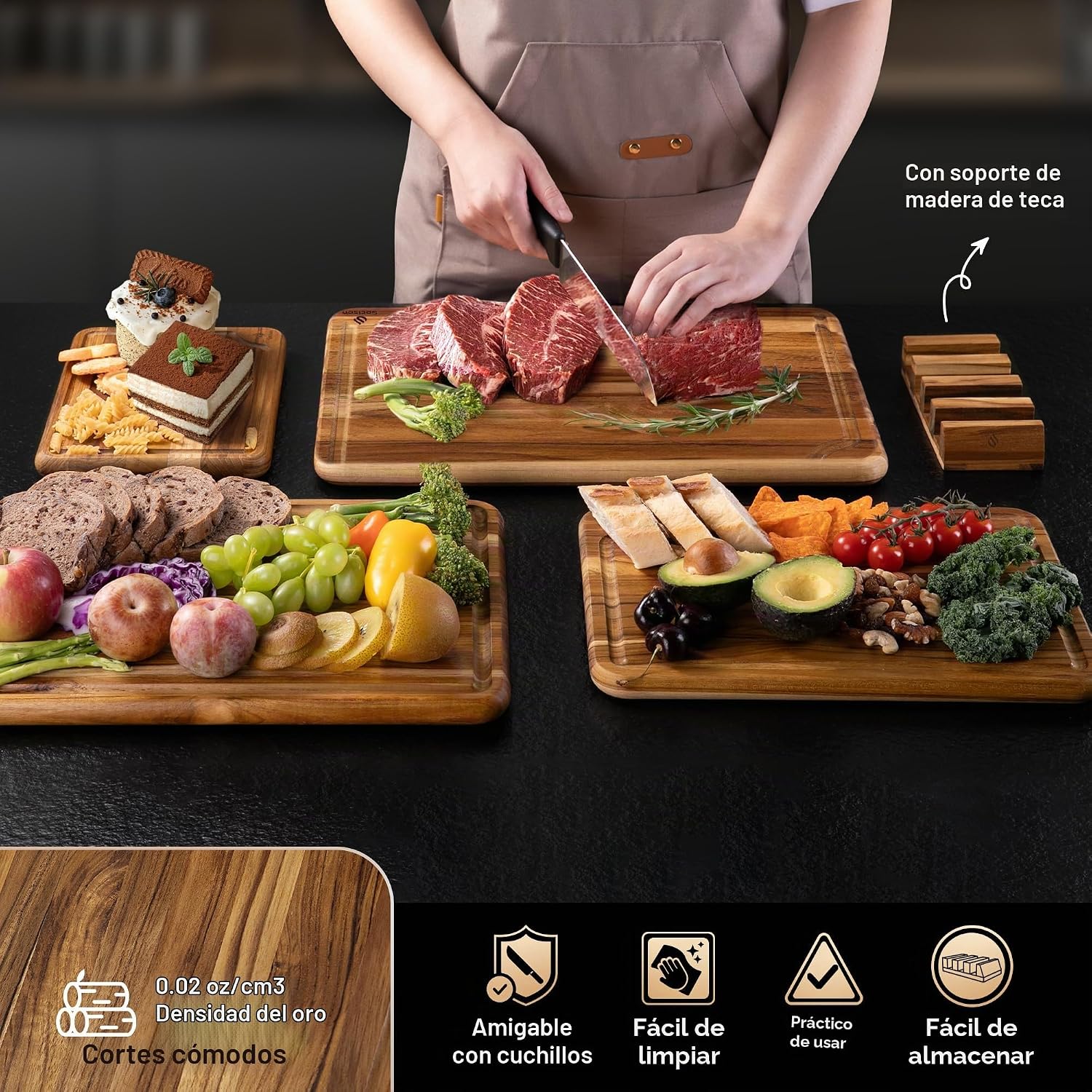 Juego de 4 tablas de cortar de madera de teca para cocina, resisten...