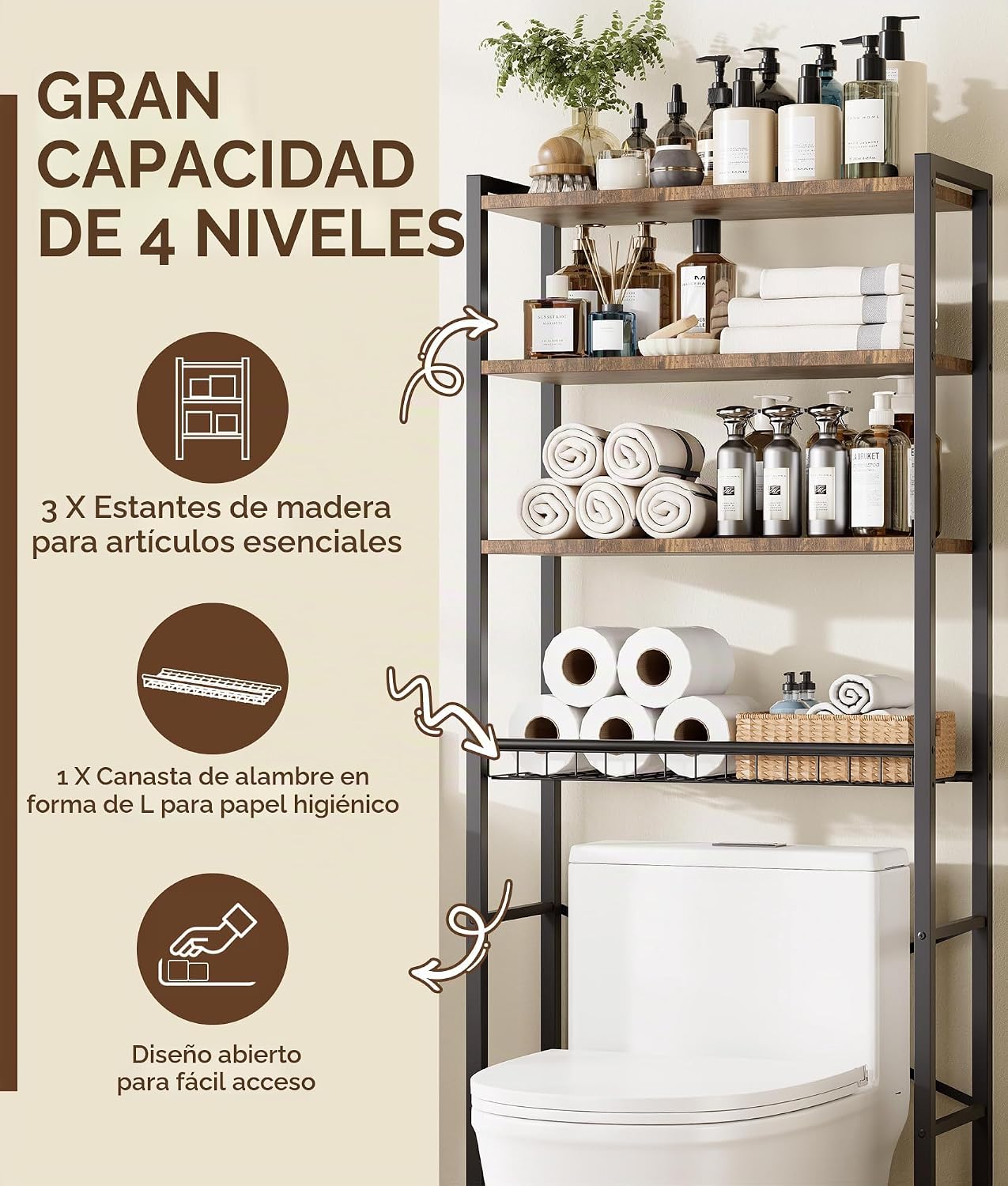 Estante de almacenamiento de 4 niveles sobre el inodoro con estante...