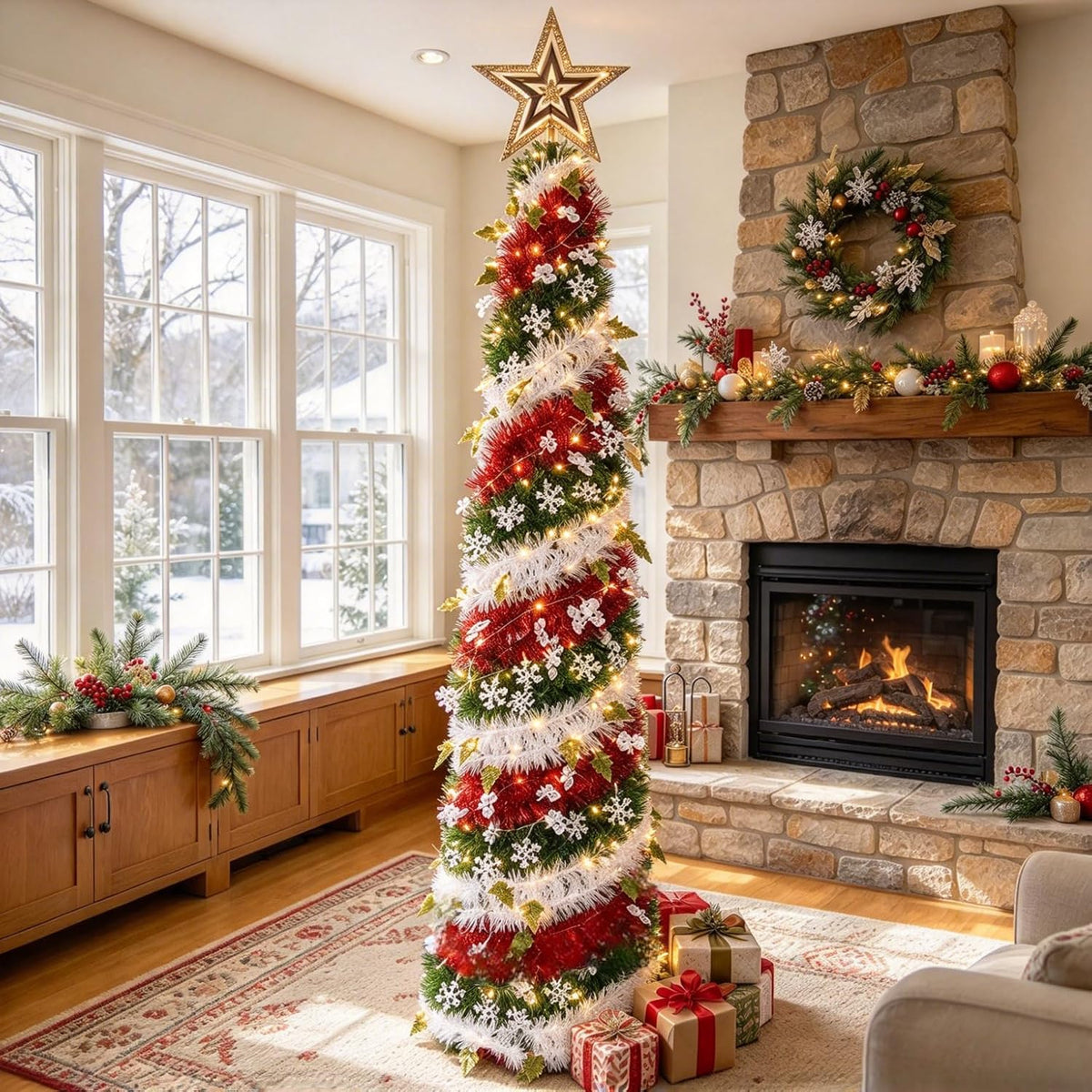 Árbol de Navidad de oropel de 5 pies con 50 luces LED cálidas, pleg...