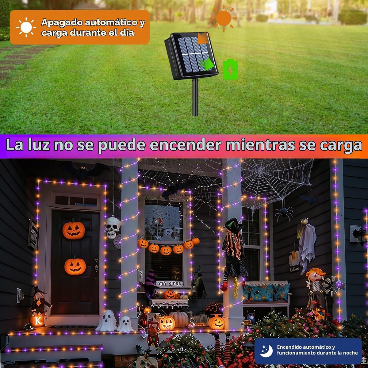 QITONG Luces solares de Halloween naranjas y moradas, 66 pies, 200...