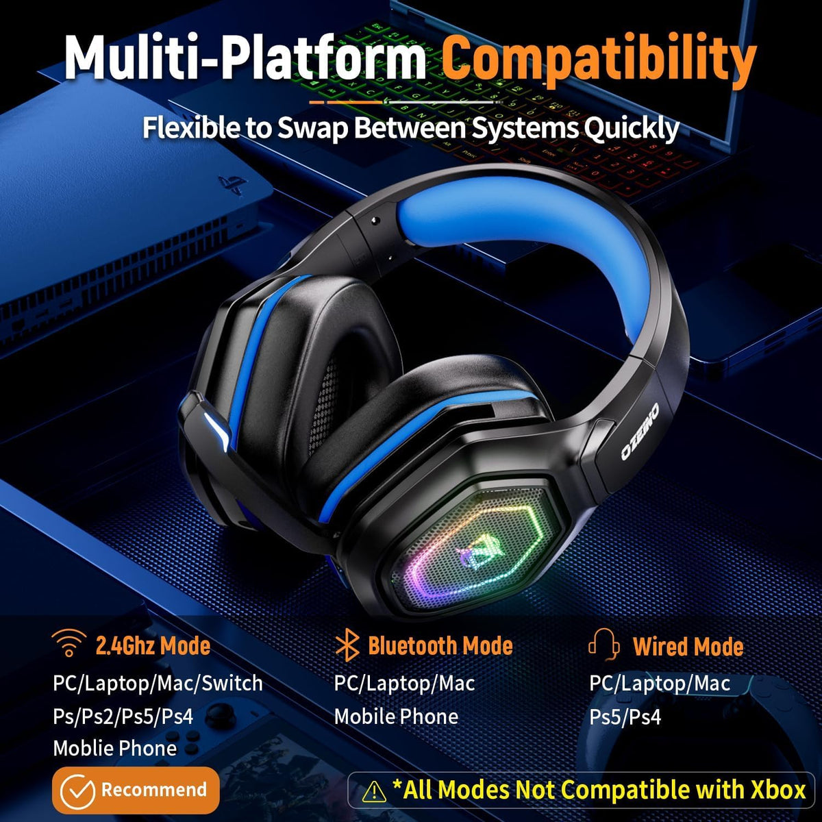 Ozeino Auriculares inalámbricos para juegos de 2.4 GHz con micrófon...