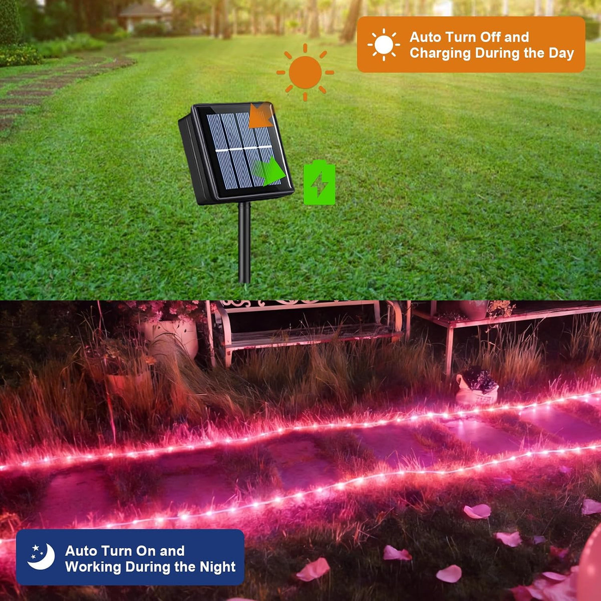 QITONG Tira de luces solares rosas para exteriores, tira de 200 luc...