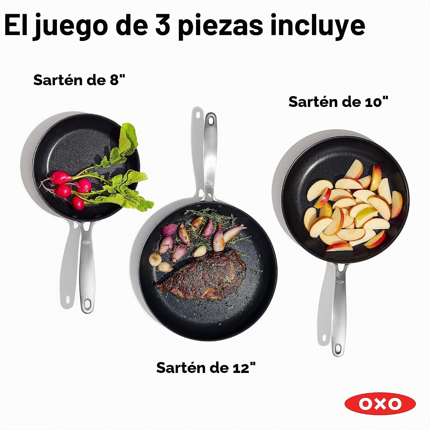 OXO Juego de 3 sartenes mejoradas de 8, 10 y 12 pulgadas, cerámica...