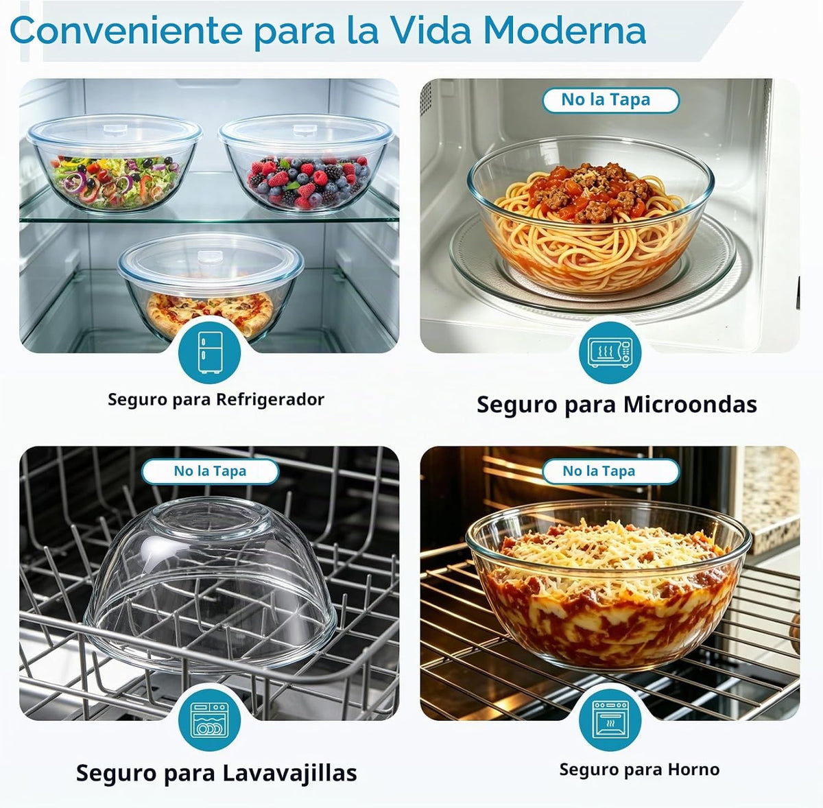 E-far Tazón para mezclar de vidrio con tapa hermética, cuenco grand...