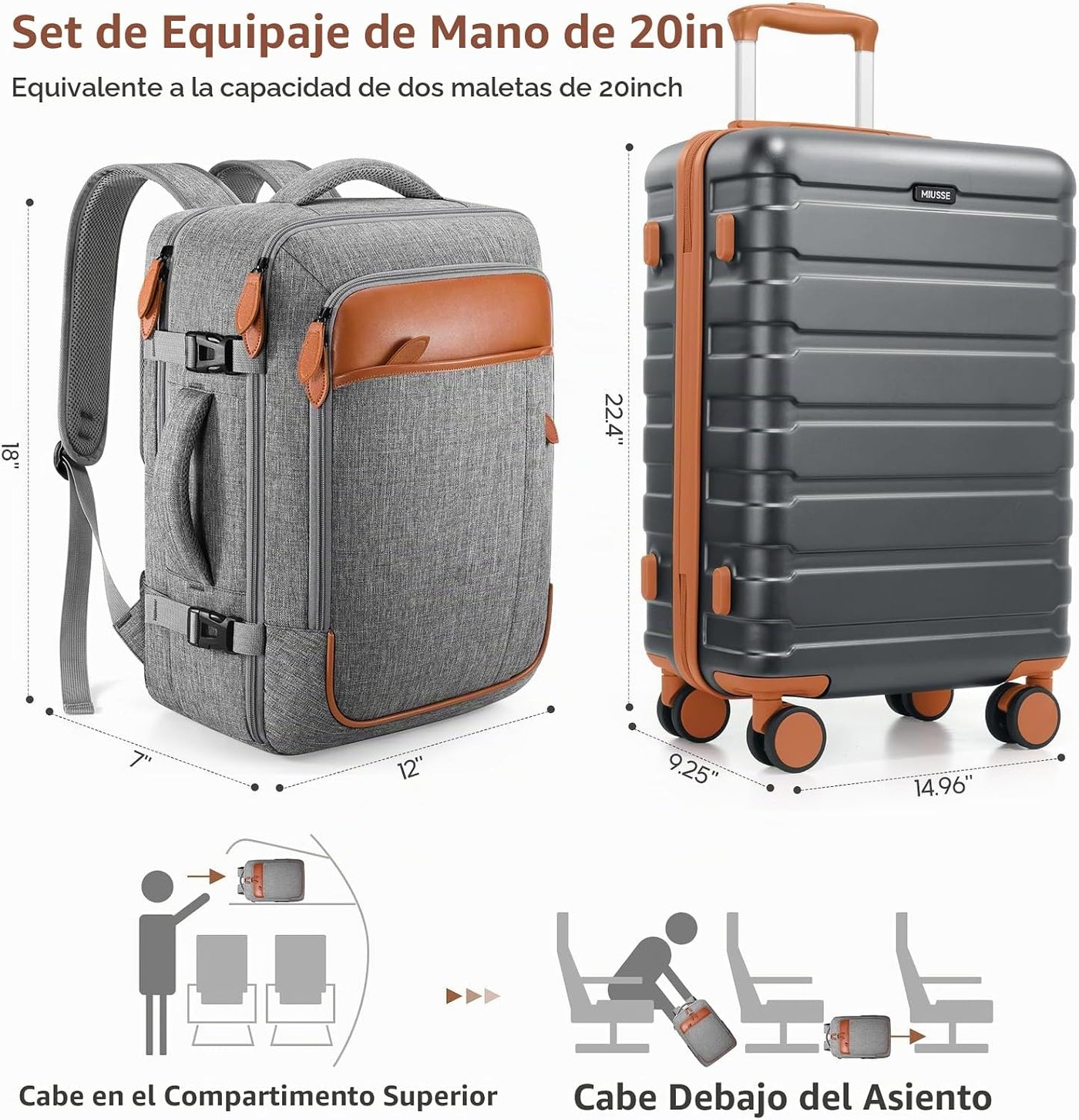 MIUSSE MAX Juego de equipaje de 3 piezas con mochila, equipaje de m...